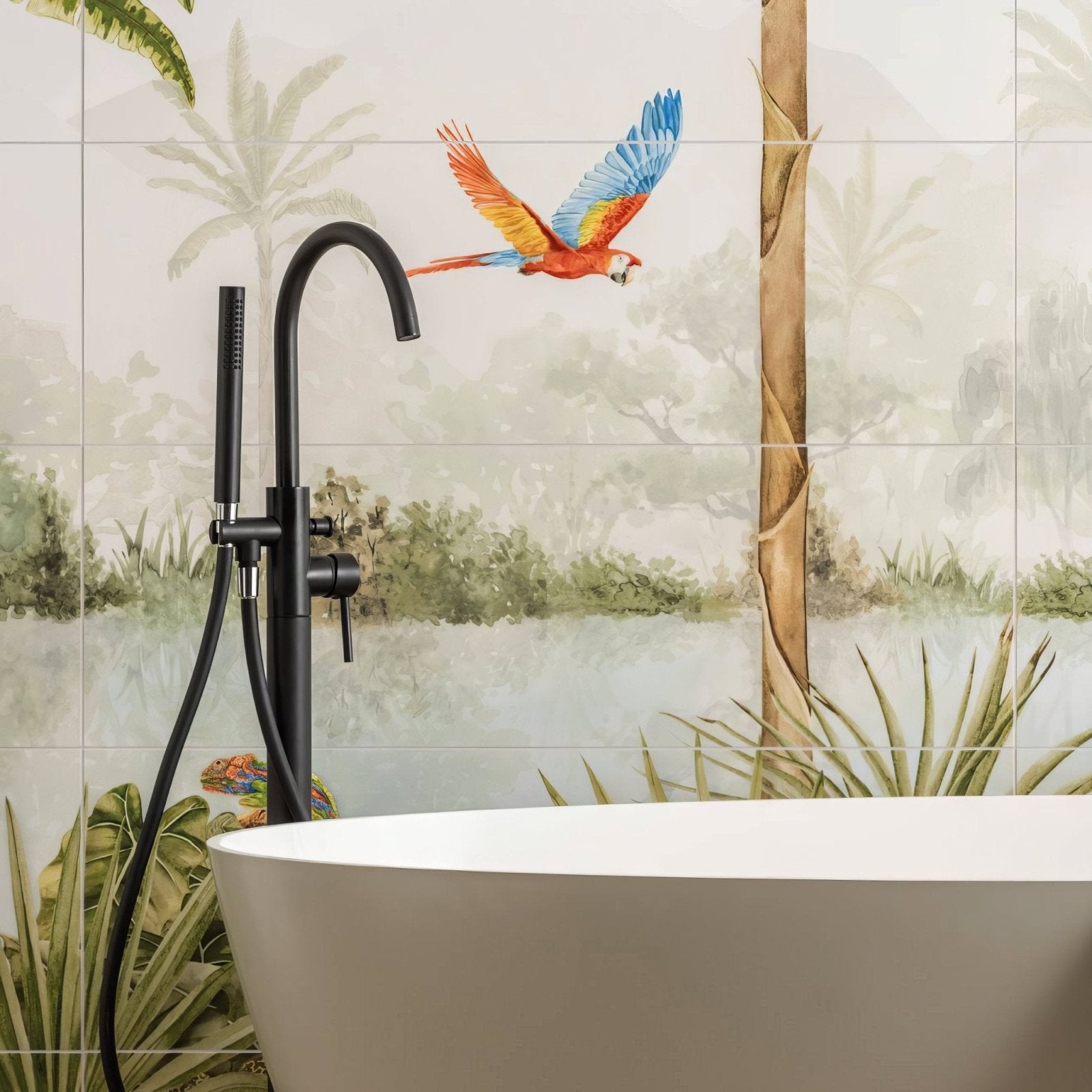 Black matte freestanding bathtub faucet with curved spout and handheld showerhead in tropical oasis decorative 8-tile set panel a