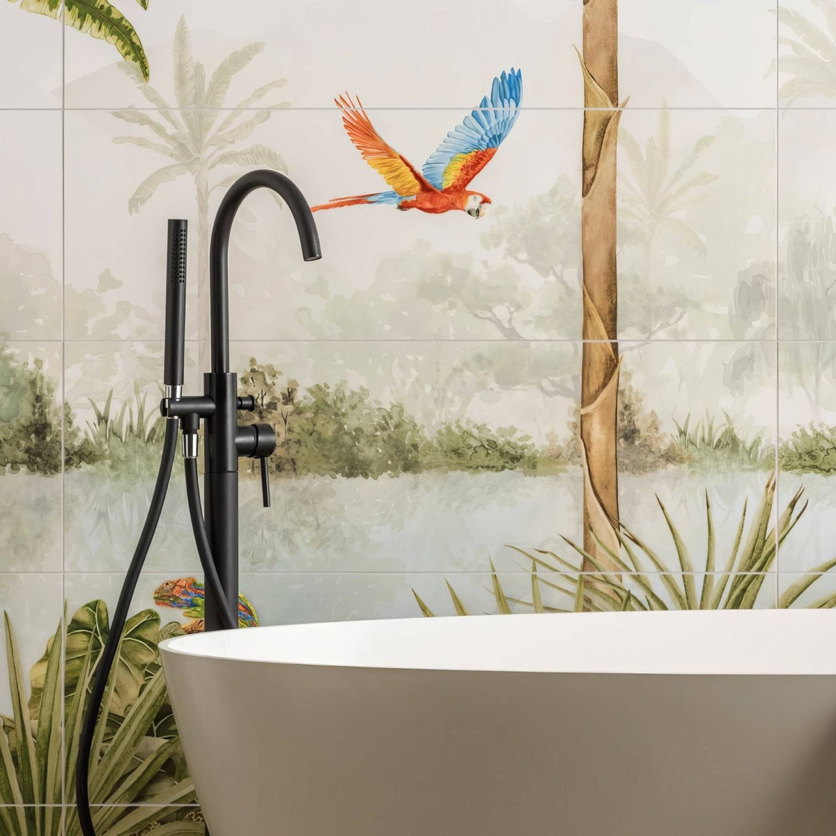 Tropical Oasis Decorative 8-Tile Set Panel A in a bathroom setting (2)