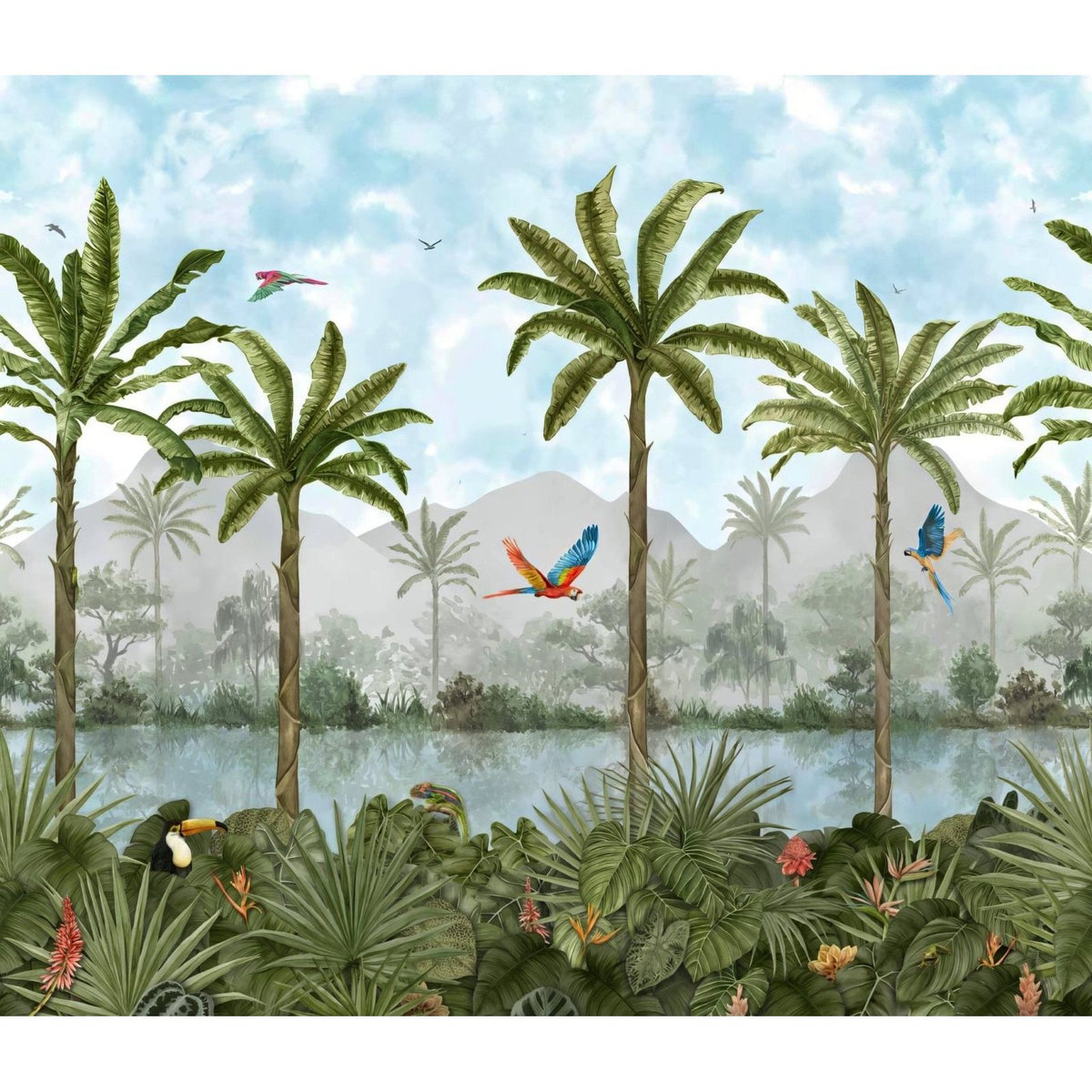 Tropical oasis decorative 8-tile set panel b features lush green palm trees vibrant parrots and a serene waterway wallpaper