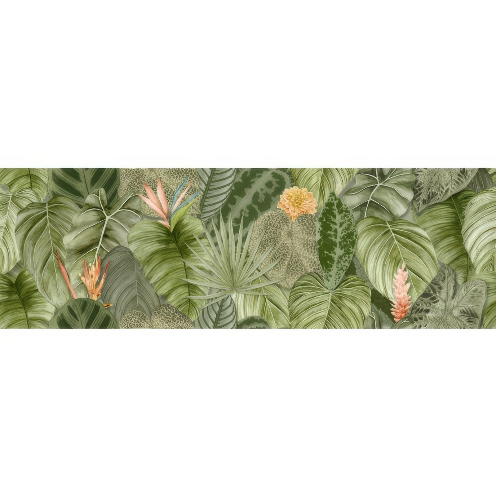 Tropical oasis single tile wallpaper with lush green variegated leaves and soft peach-colored tropical flowers