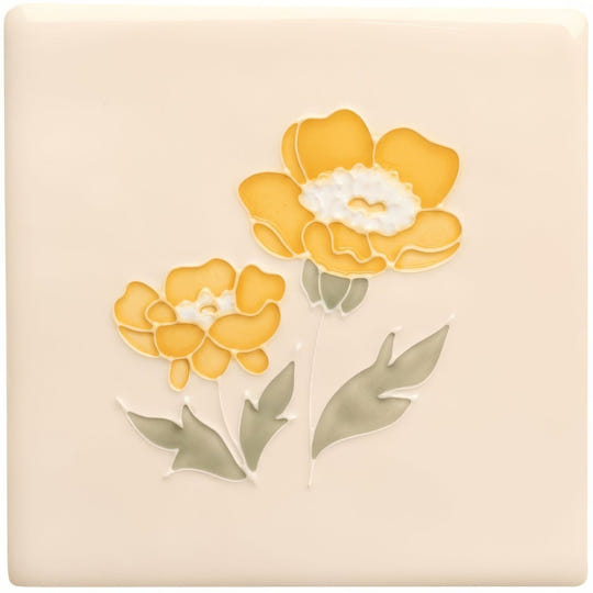 Cream-colored ceramic tile from tubelined floral collection buttercup with two raised yellow flowers and gray-green leaves