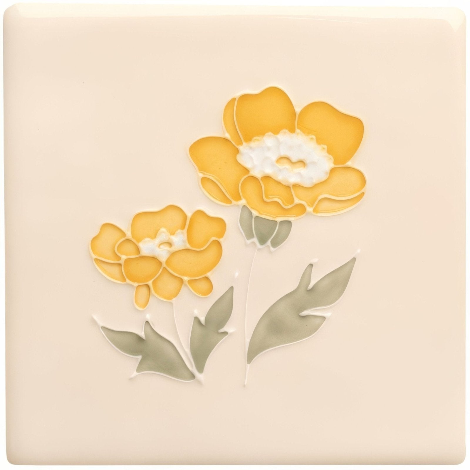 Cream-colored ceramic tile from tubelined floral collection buttercup with two raised yellow flowers and gray-green leaves