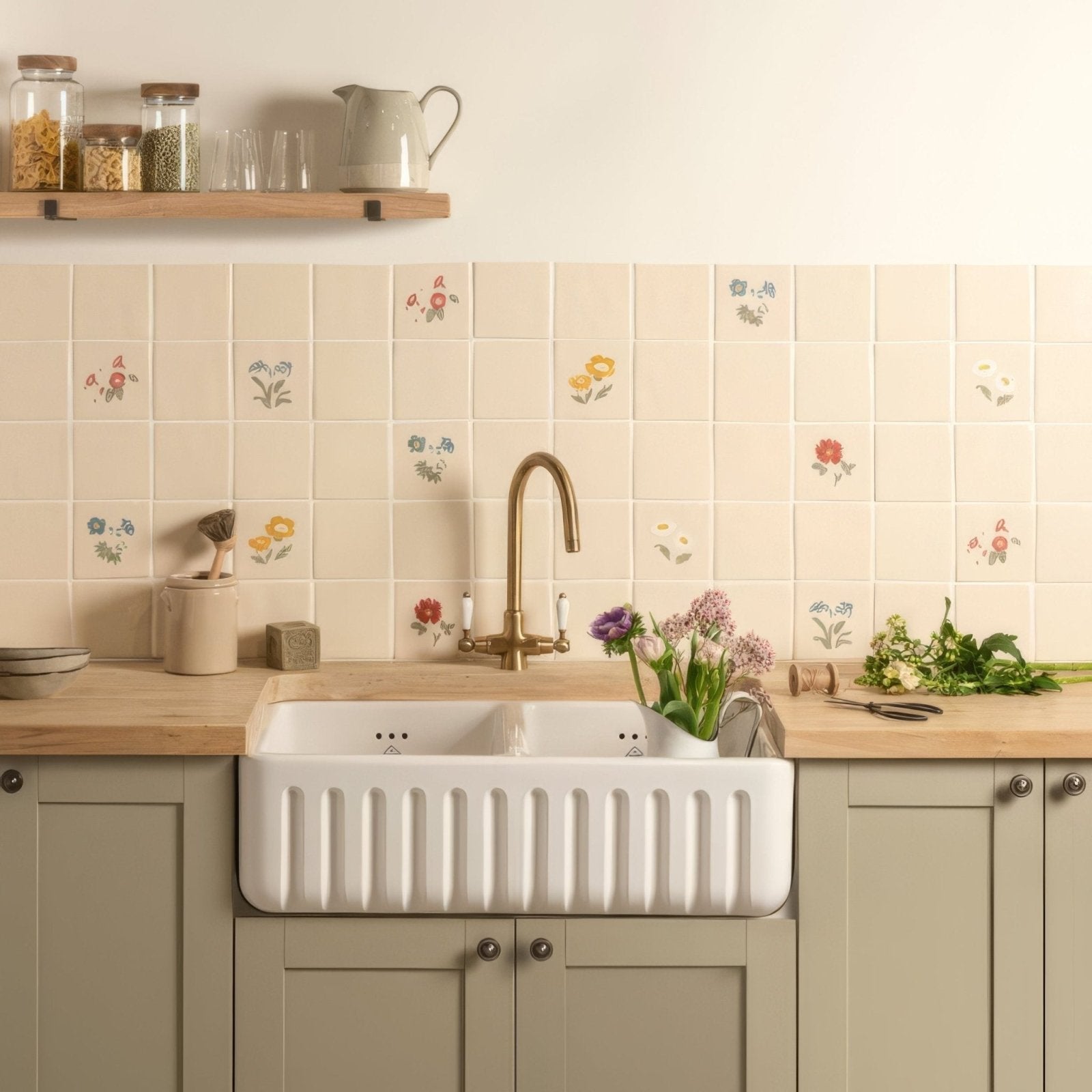 White farmhouse-style ceramic sink with vertical ribbed design and brass faucet from tubelined floral collection daisy