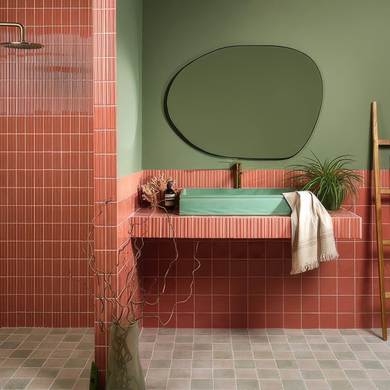 Tunstall ceramic coral square mint green rectangular sink with gold faucet on pink tiled countertop