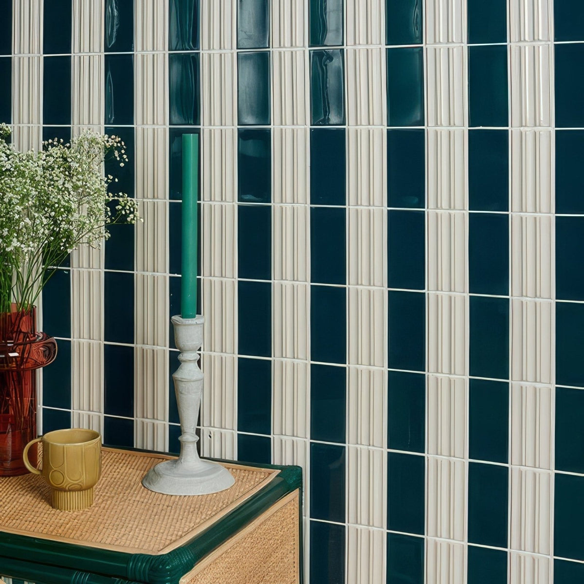 Tunstall ceramic fluted brick deep white with deep teal and off-white vertically ribbed ceramic tiles striped wall pattern