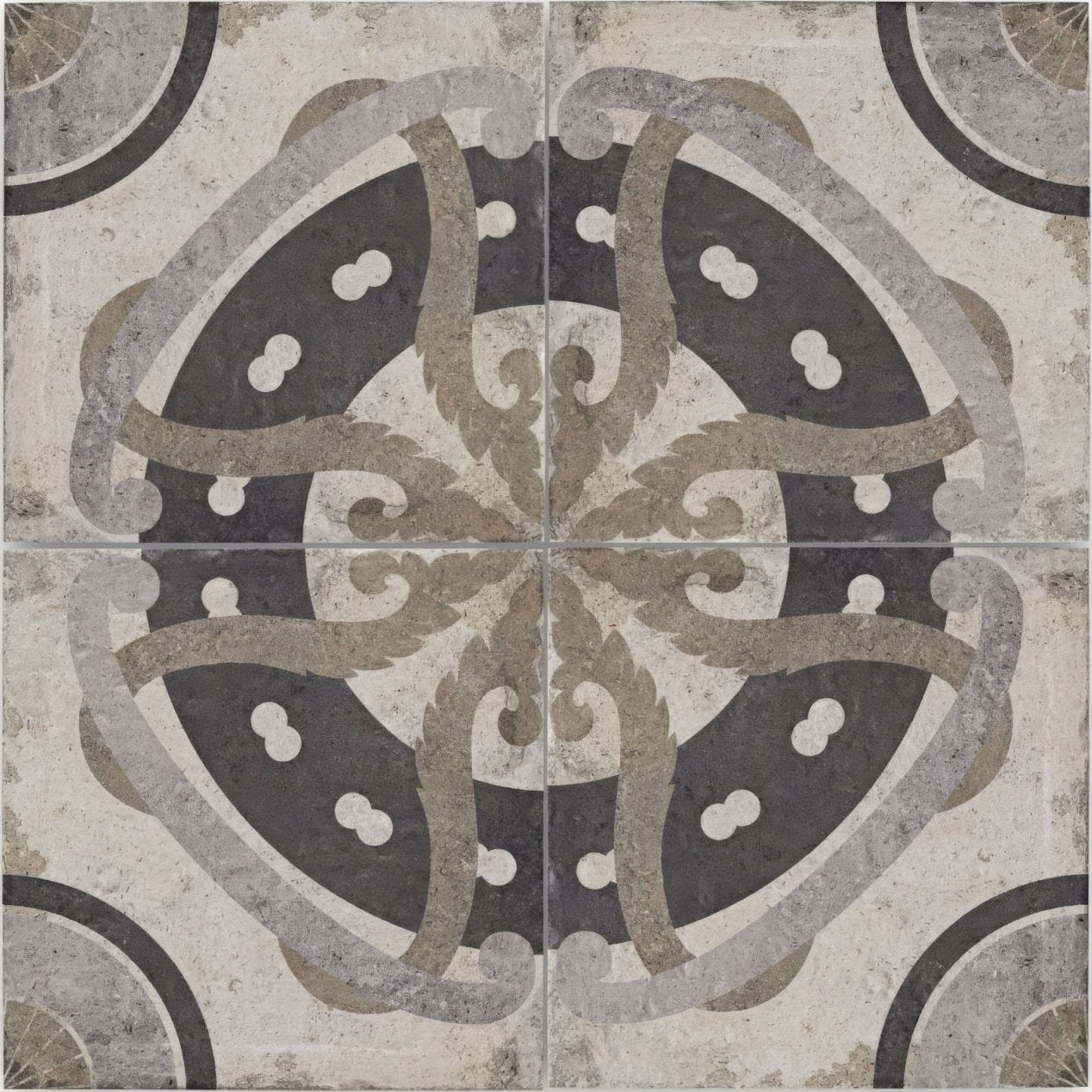 Vintage-style urban aryz patterned porcelain tile with symmetrical ornate mosaic design in gray black and off-white shades