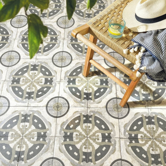 Patterned gray and white ceramic urban aryz urban patterned porcelain floor tile with intricate circular designs