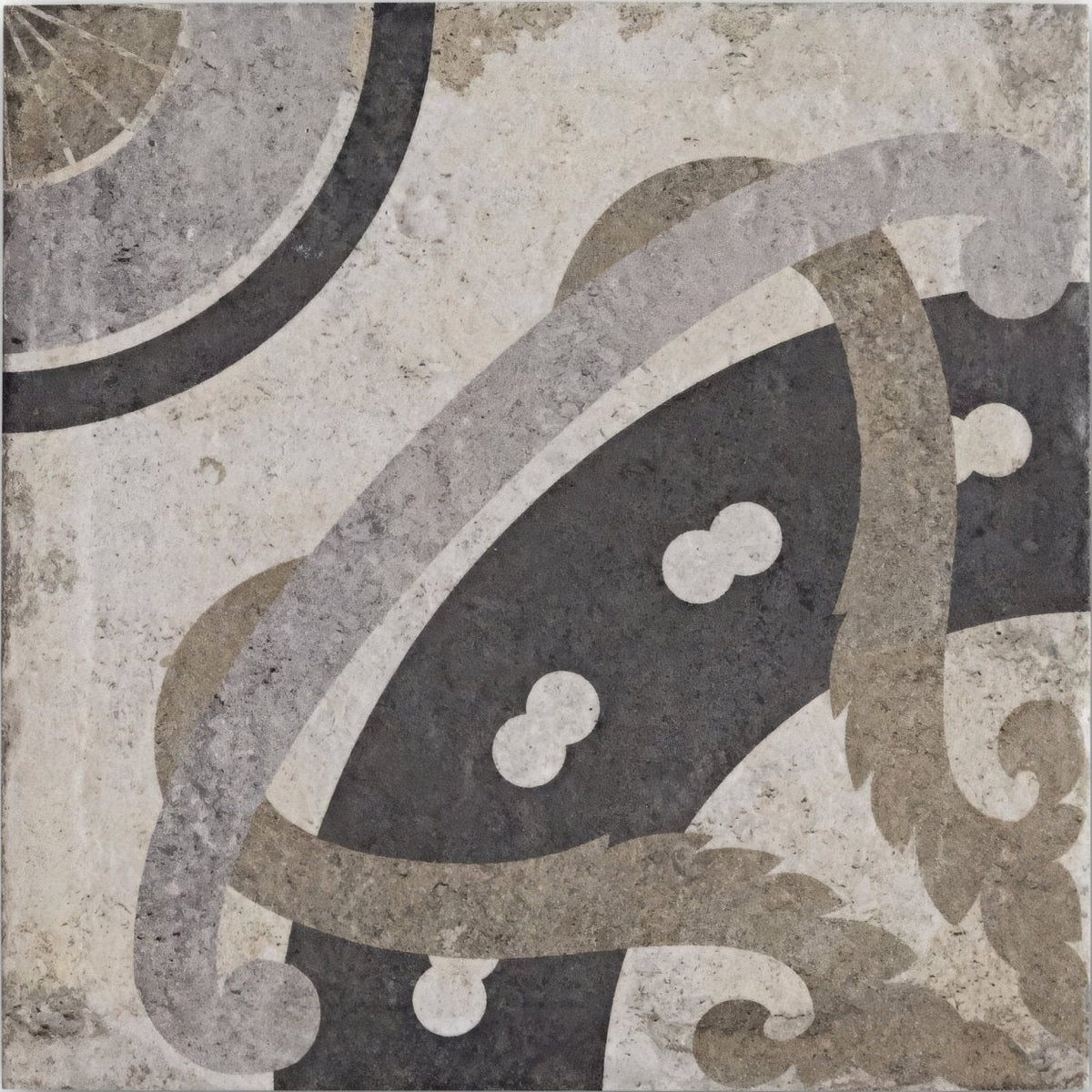 Gray and beige mosaic urban aryz patterned porcelain tile with vintage abstract swirling patterns and circular motifs