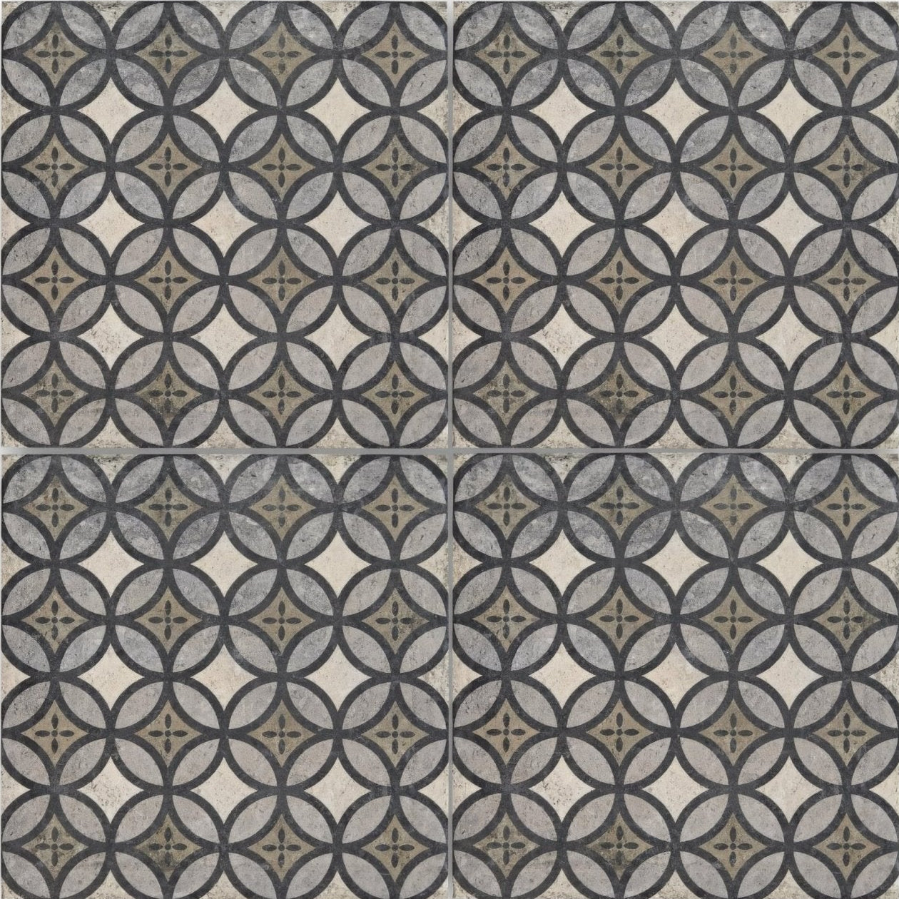 Urban axel patterned porcelain tile with gray and black geometric design and vintage distressed finish