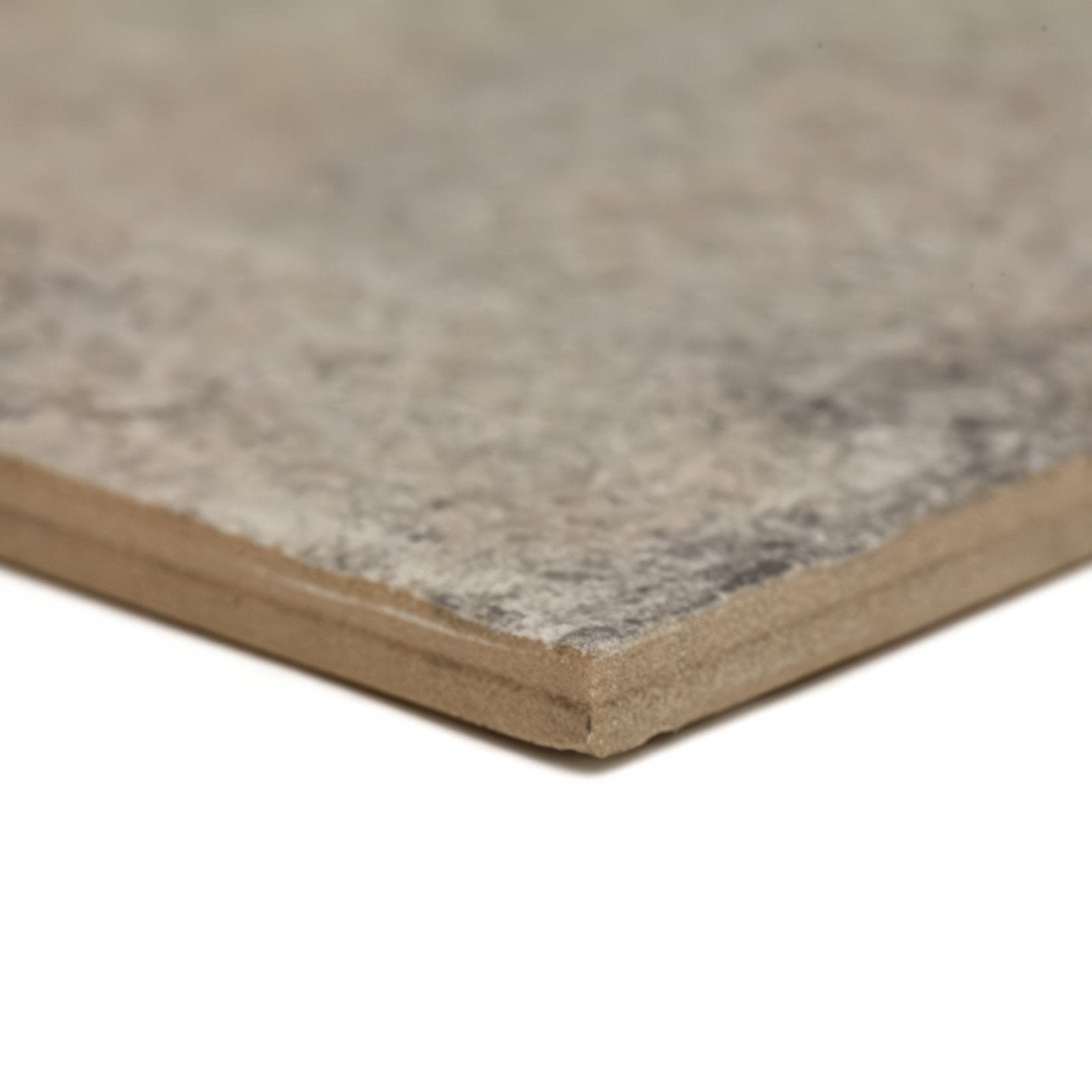 Urban beige plain porcelain tile showing gray speckled textured surface with visible wooden backing on the back side