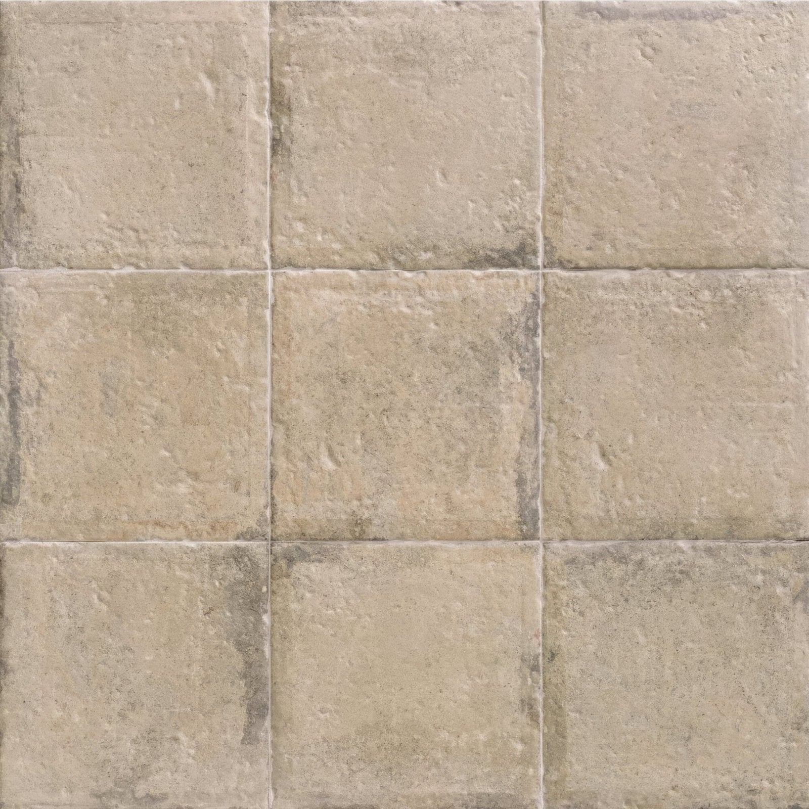 Urban beige plain porcelain tile with beige stone-effect square tiles textured with subtle gray grout lines