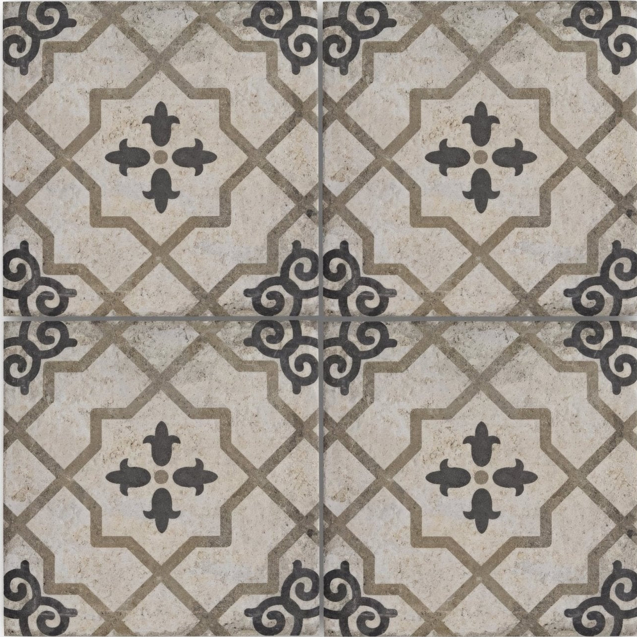 Beige and black ornate patterned ceramic floor tile with vintage-inspired geometric design urban callizo porcelain tile