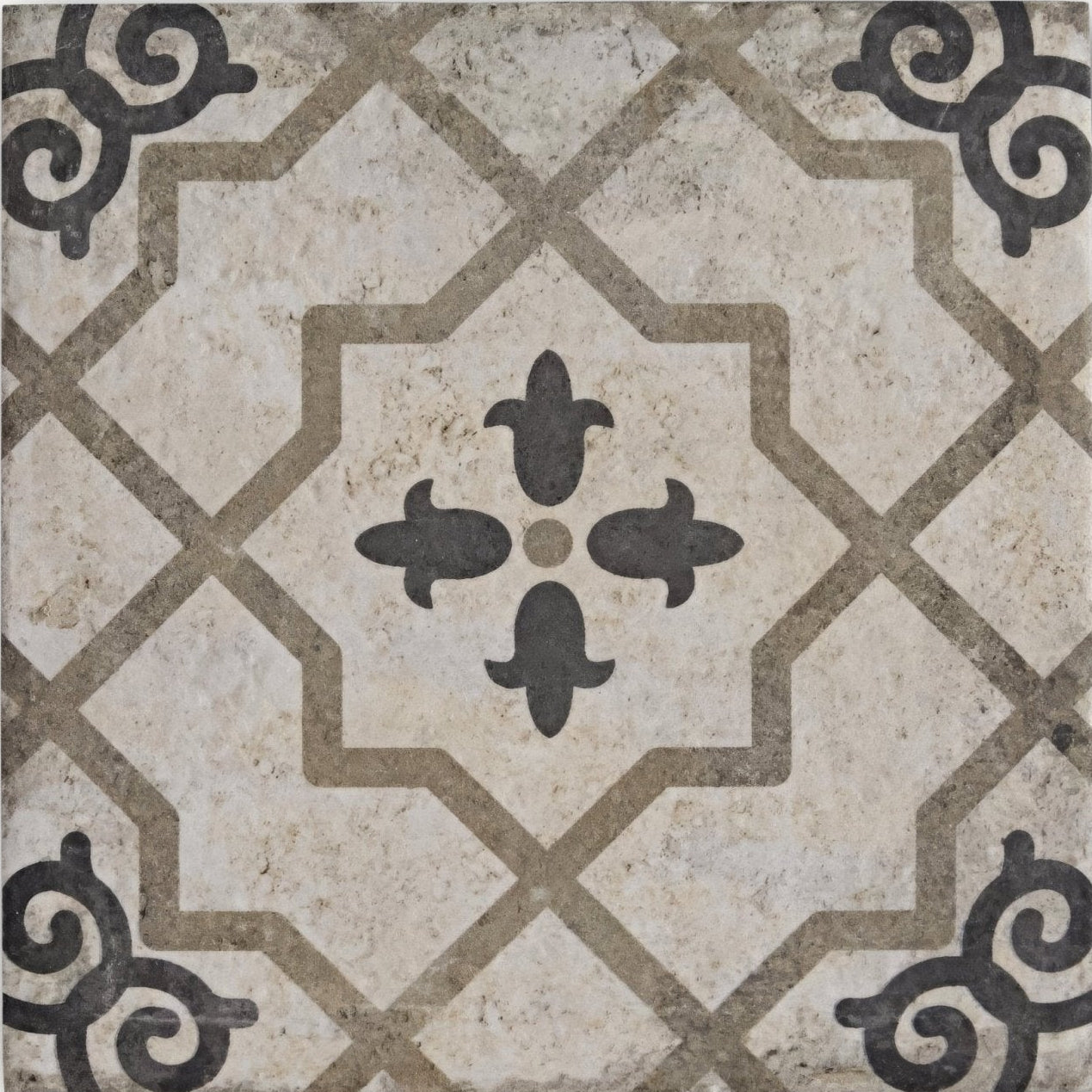 Beige and black quatrefoil patterned urban callizo porcelain tile for stylish indoor flooring and walls