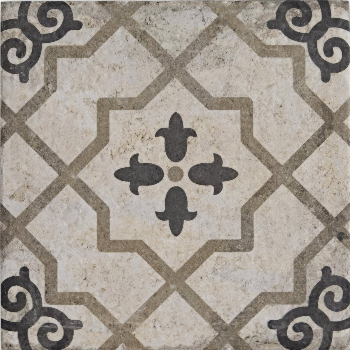 Beige and black quatrefoil patterned urban callizo porcelain tile for stylish indoor flooring and walls