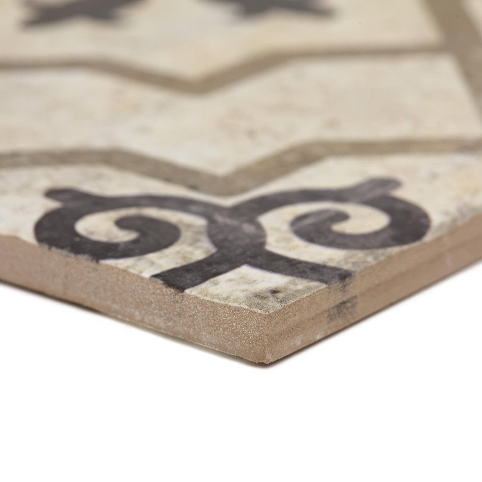 Beige and black vintage-style urban callizo patterned porcelain tile with ornate ceramic scrollwork design