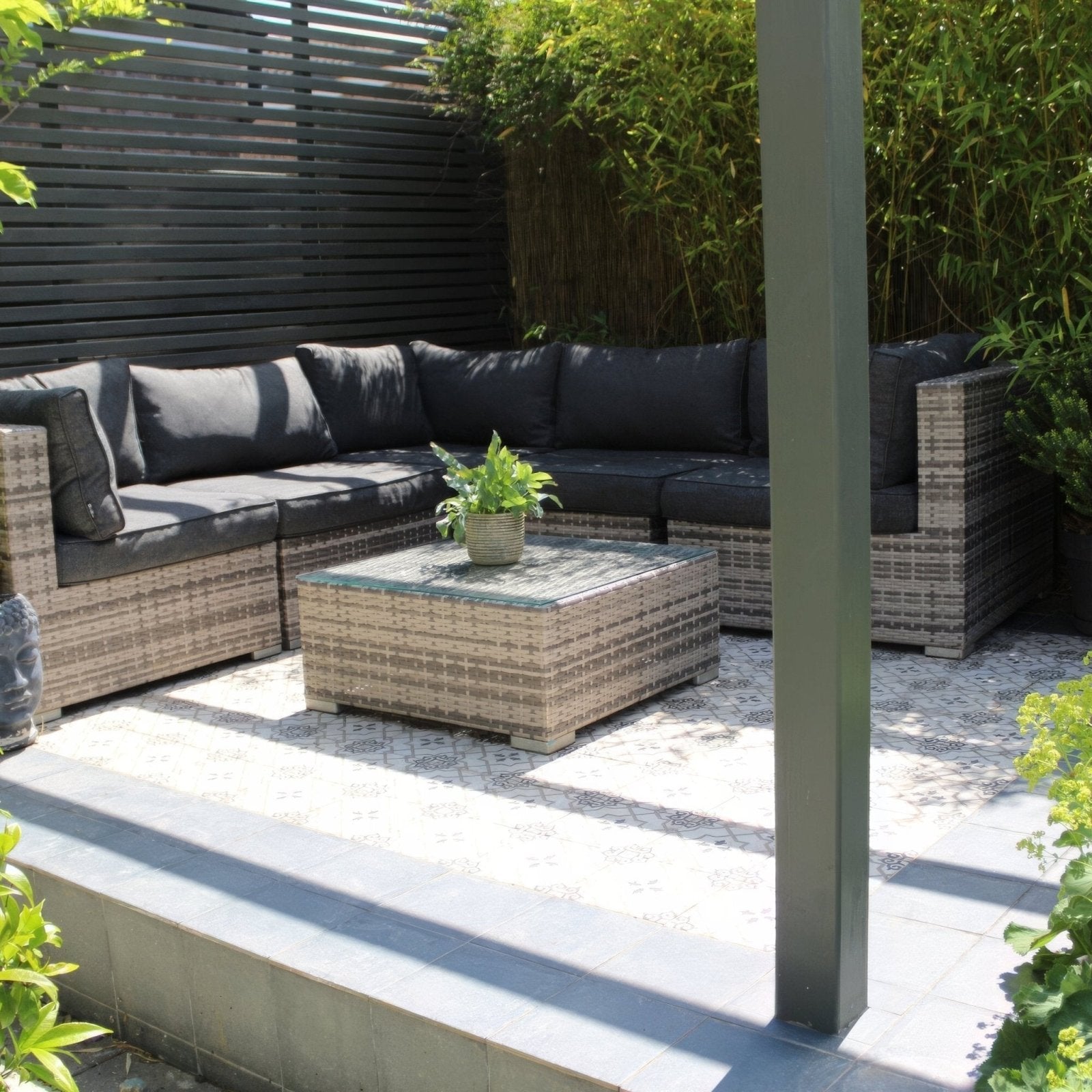Gray woven wicker outdoor sectional sofa with black cushions and matching coffee table on urban callizo patterned tile