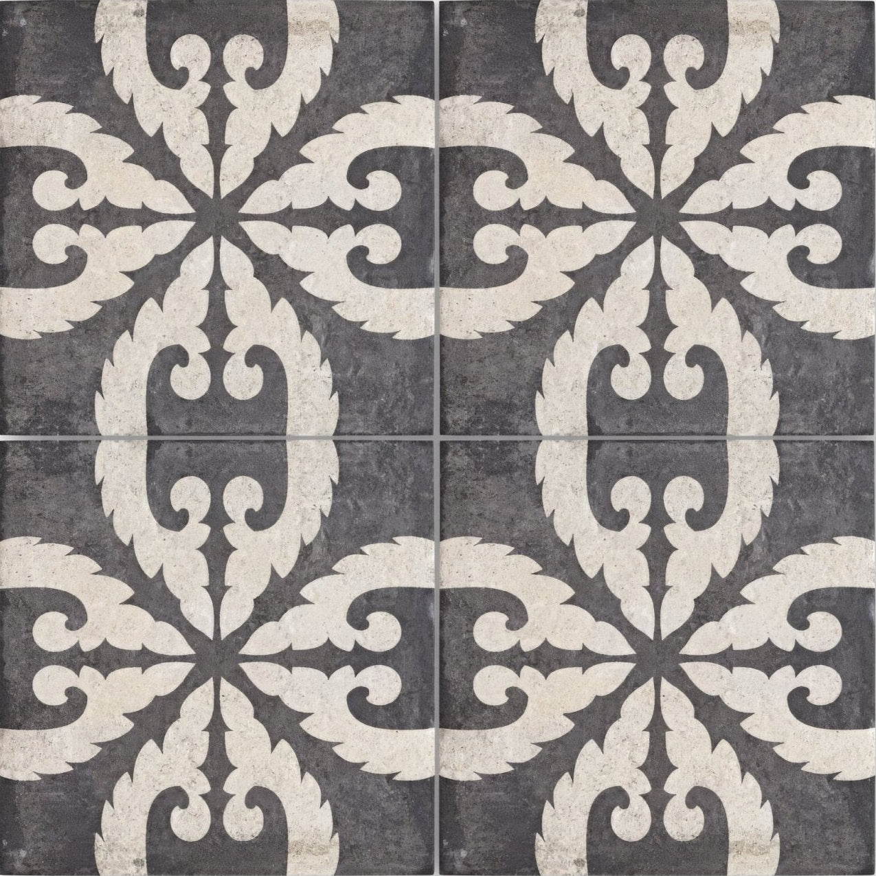 Dark gray and off-white ornate patterned urban velasco porcelain floor tile with durable ceramic finish