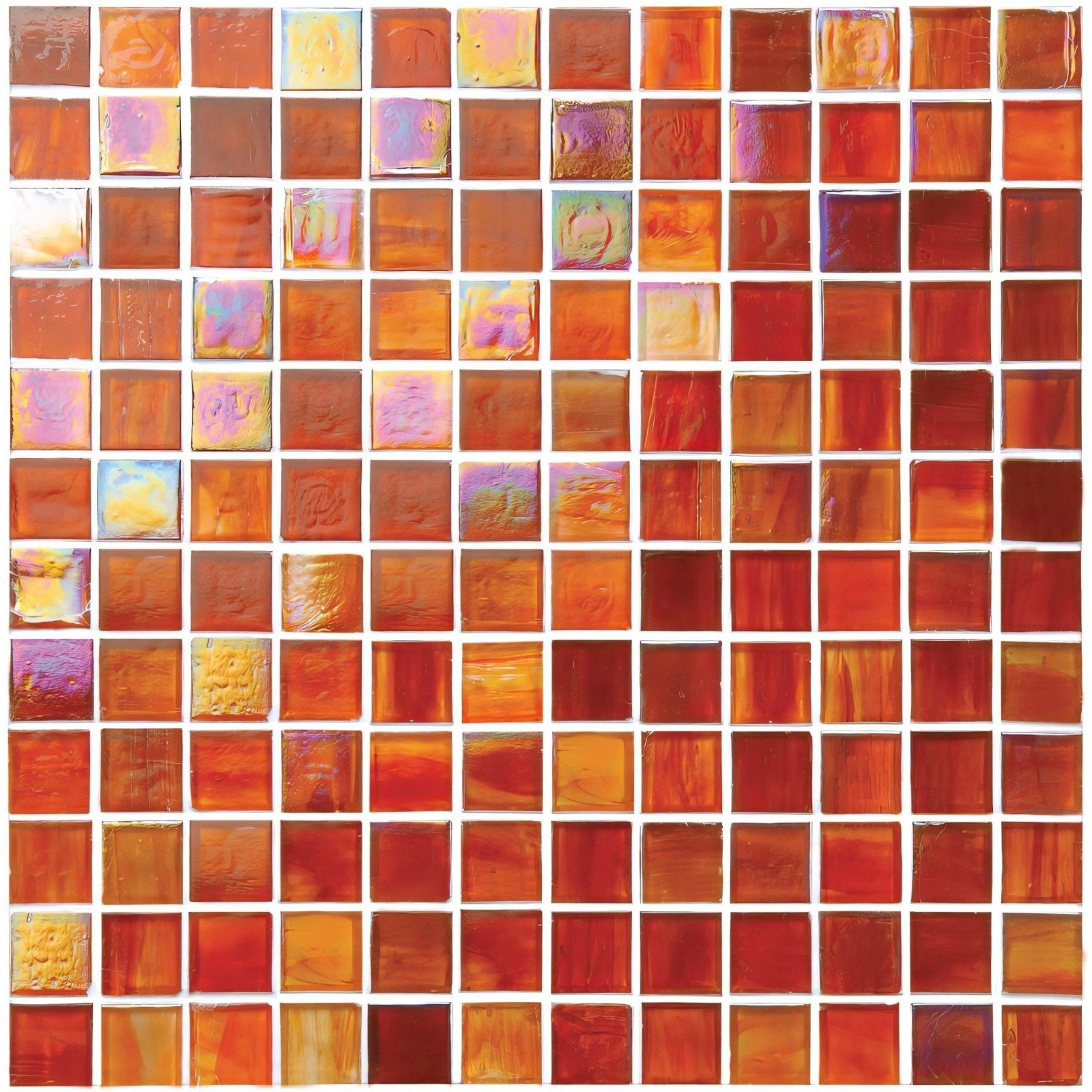 Iridescent orange and amber glass mosaic tile utopia film faced mosaic 25mm with vibrant reflective finish