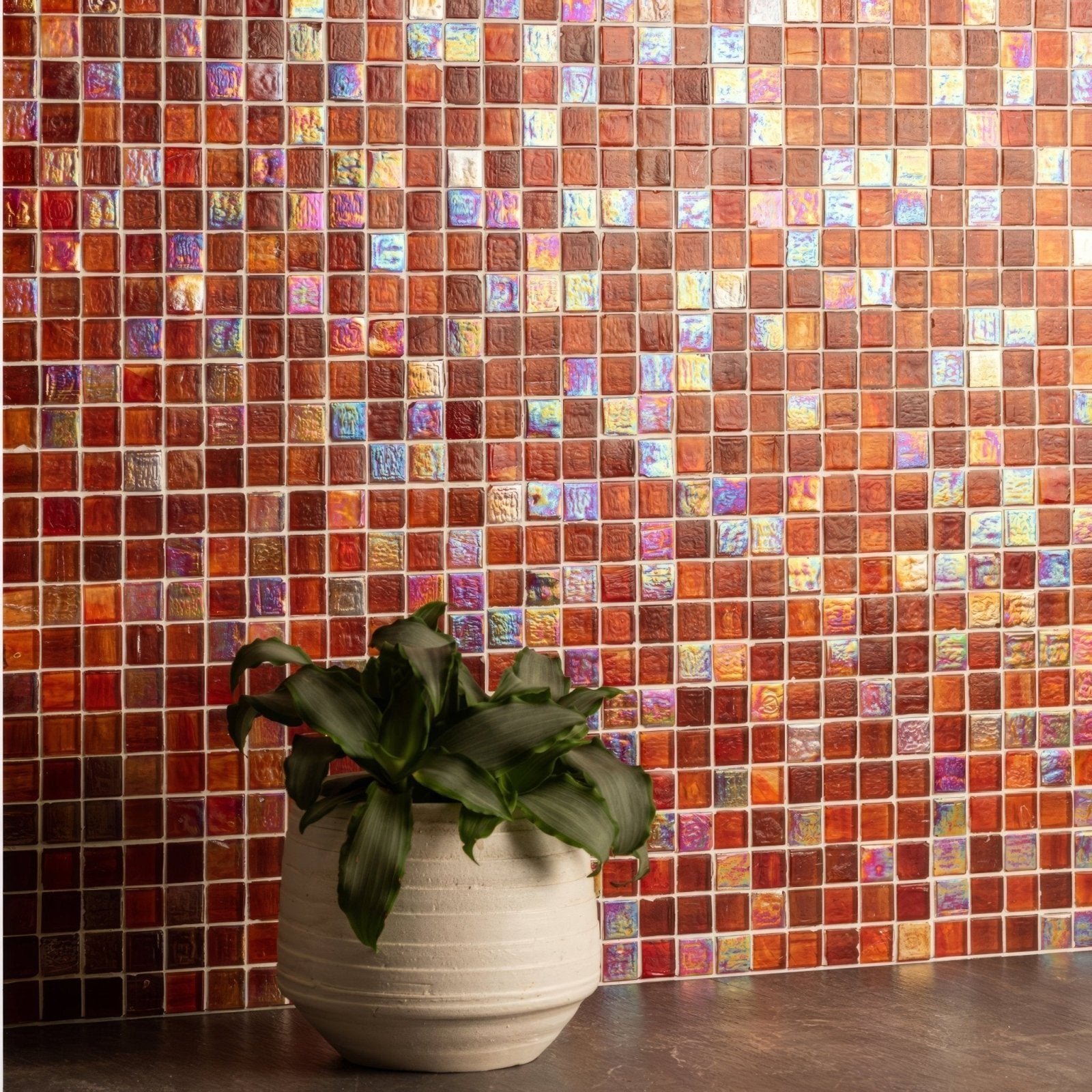Utopia Film Faced Mosaic 25mm iridescent orange and brown glass mosaic with a white ridged planter