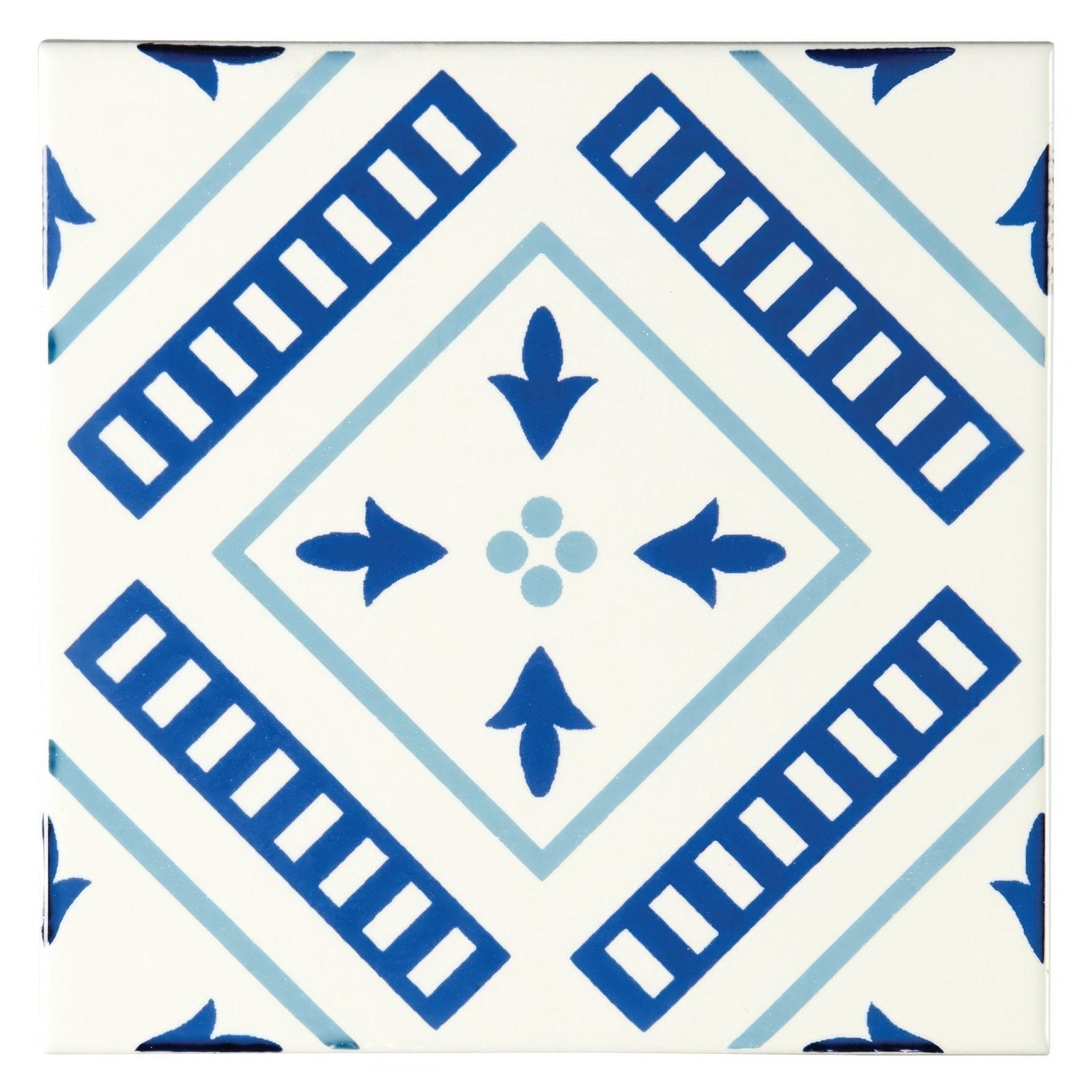 Blue and white ceramic tile with geometric pattern from vannerie blue on brilliant white collection
