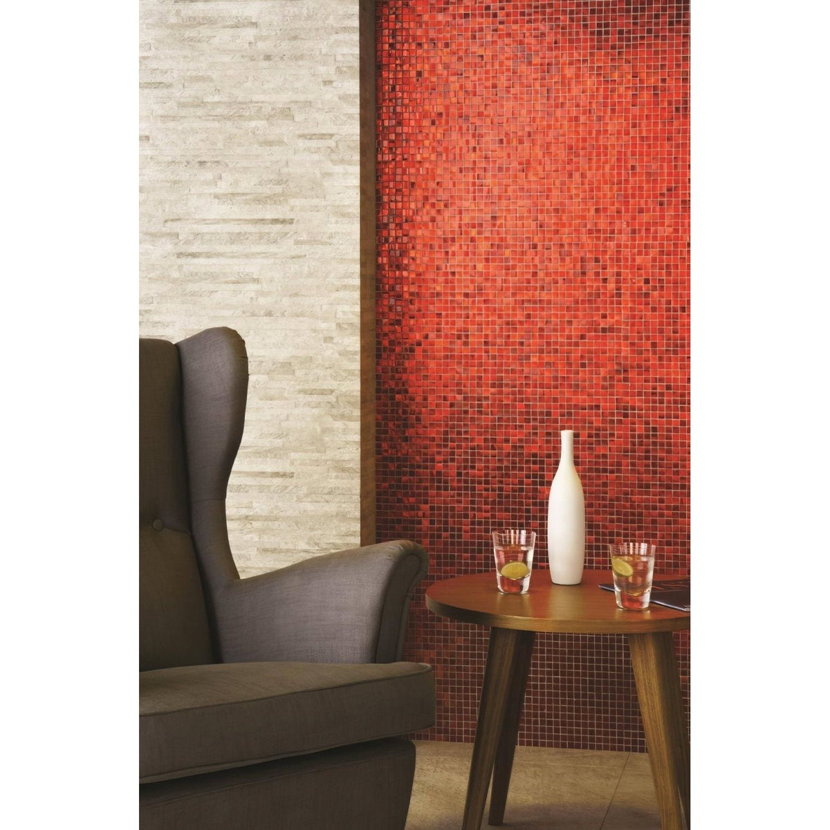 Velvet Bloom Mosaic vibrant red glass mosaic with a white ceramic bottle on a wooden table