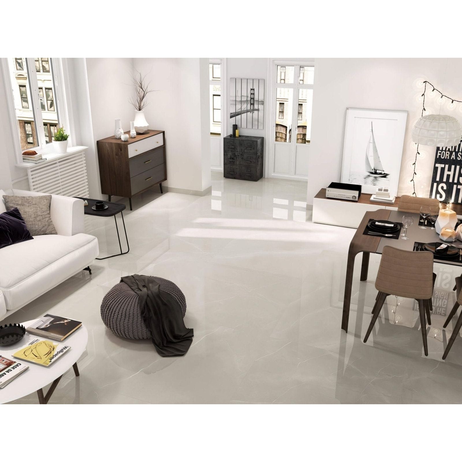 Shiny white ceramic floor tiles venecia 1804 perla polished with subtle gray veining pattern
