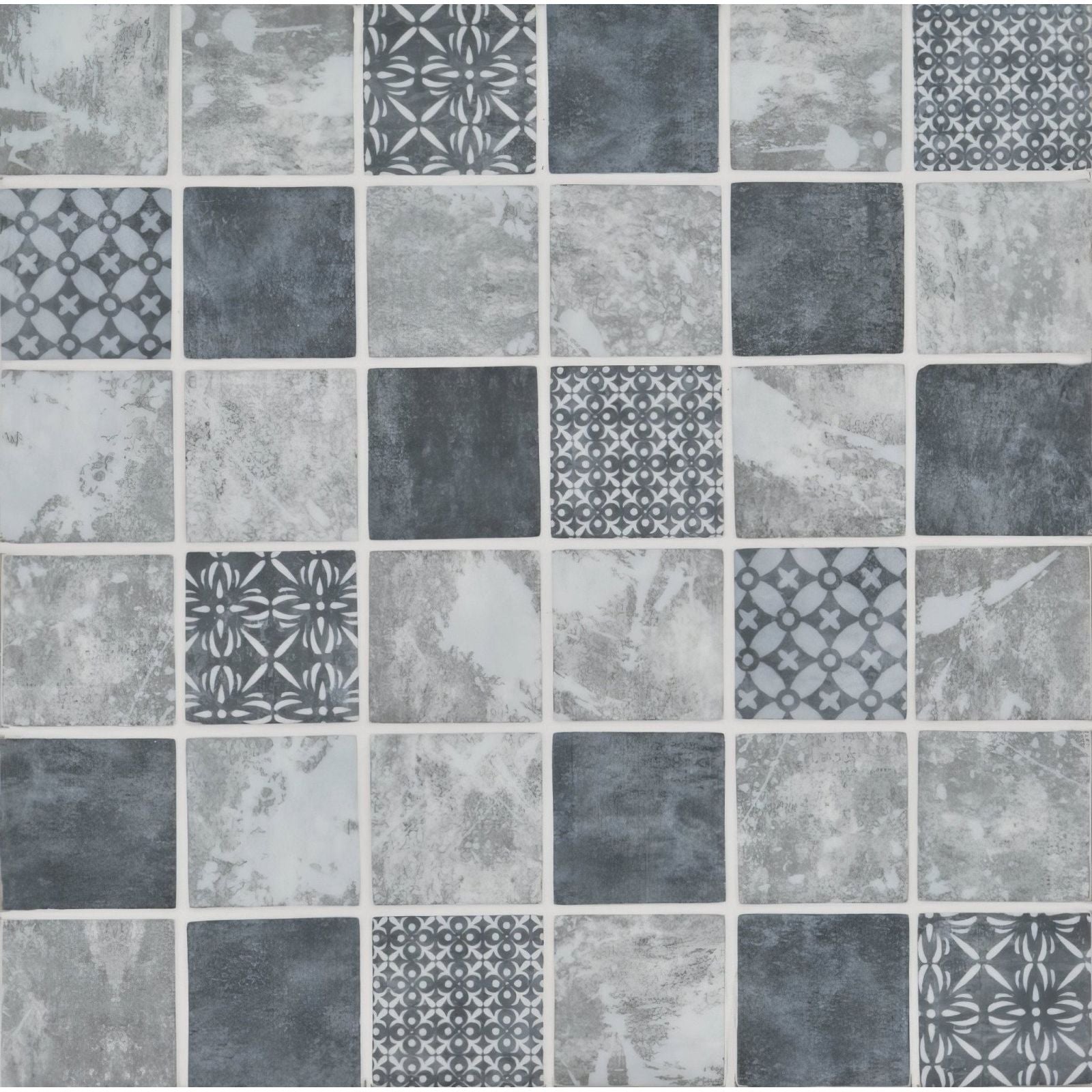 Venetia glass mosaic featuring gray and white textured distressed glass tiles with geometric patterns