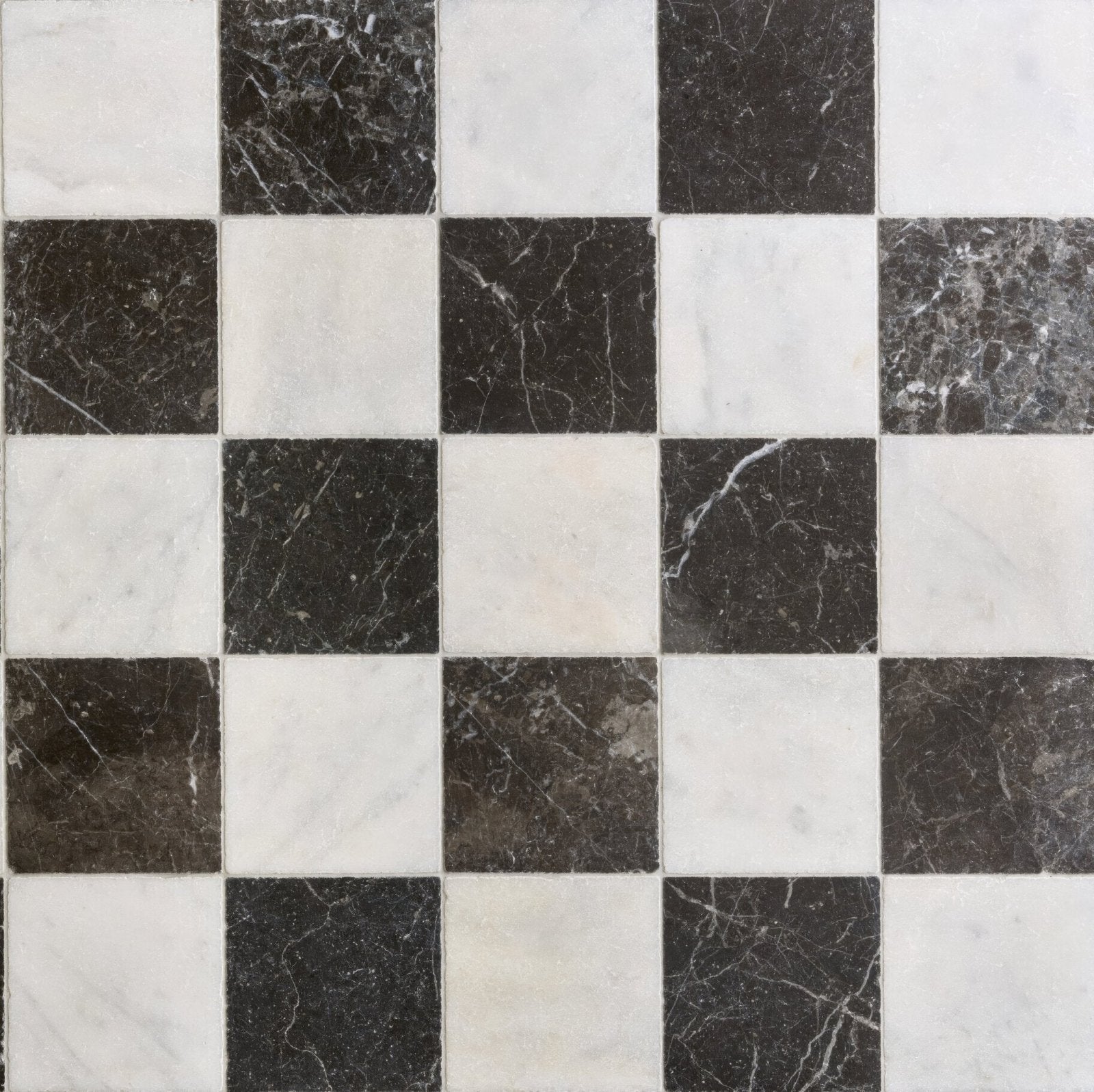 Venetian black 20 x 20cm black and white marble mosaic tiles arranged in a classic checkerboard pattern