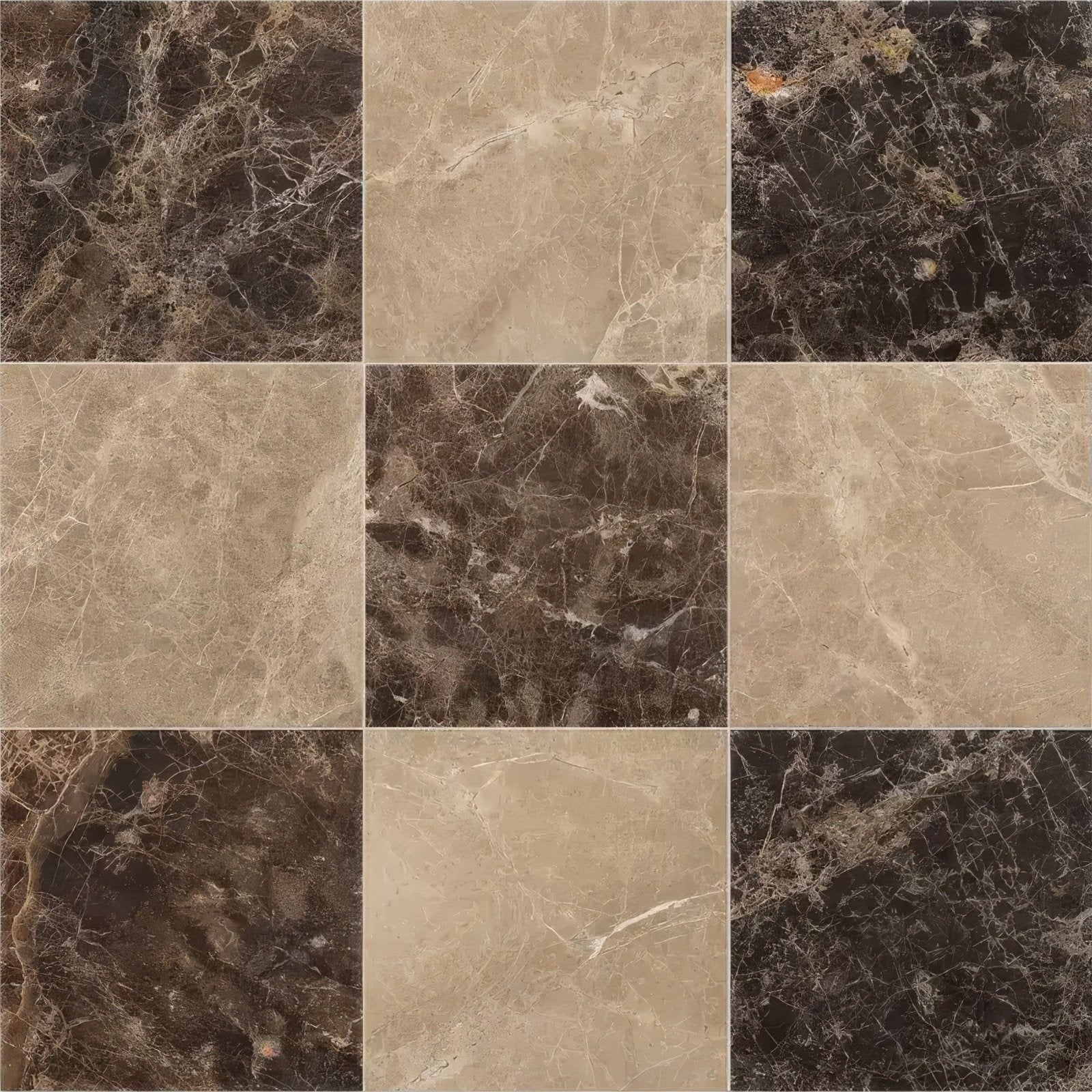 Nine square versailles marble marron honed tiles in beige brown and black with natural veining patterns