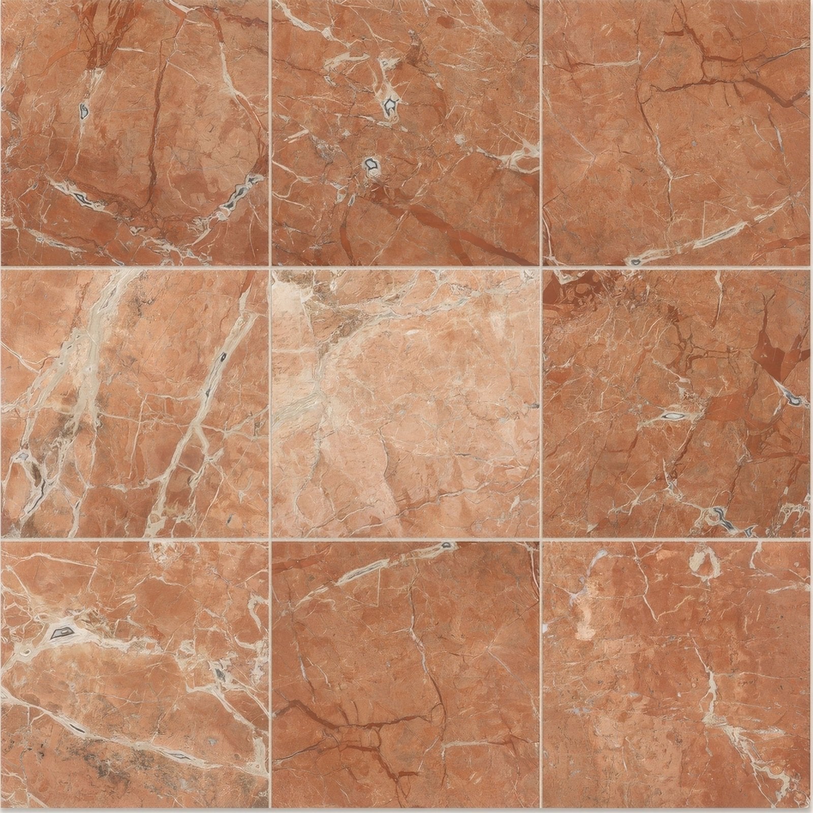 Versailles marble rouge honed terracotta-colored marble tiles with intricate white and gray veining