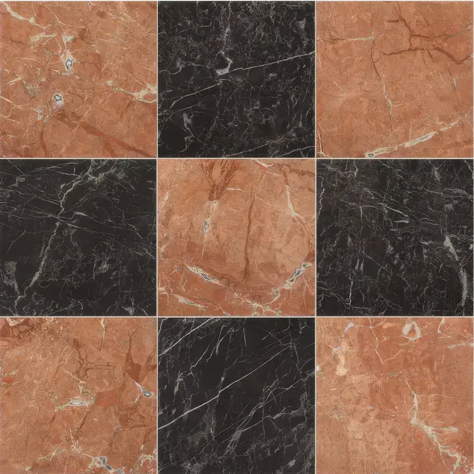 A collection of nine square versailles marble rouge honed tiles in terracotta and black with intricate veining patterns