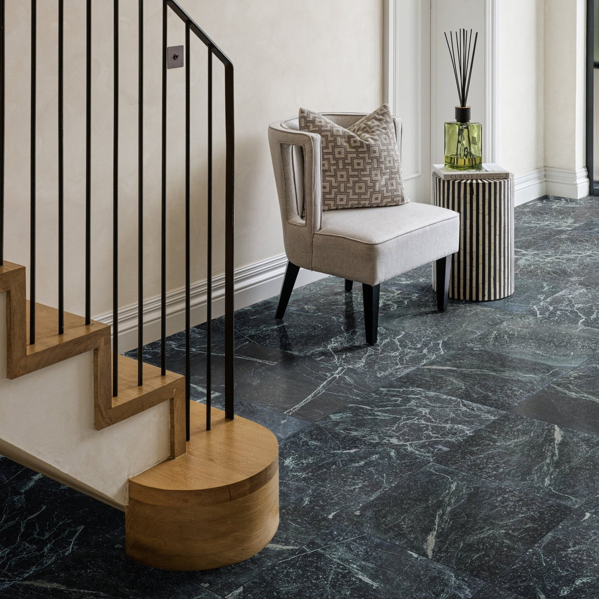 Versailles marble vert honed floor tiles in dark green marble with white veining for elegant interior use