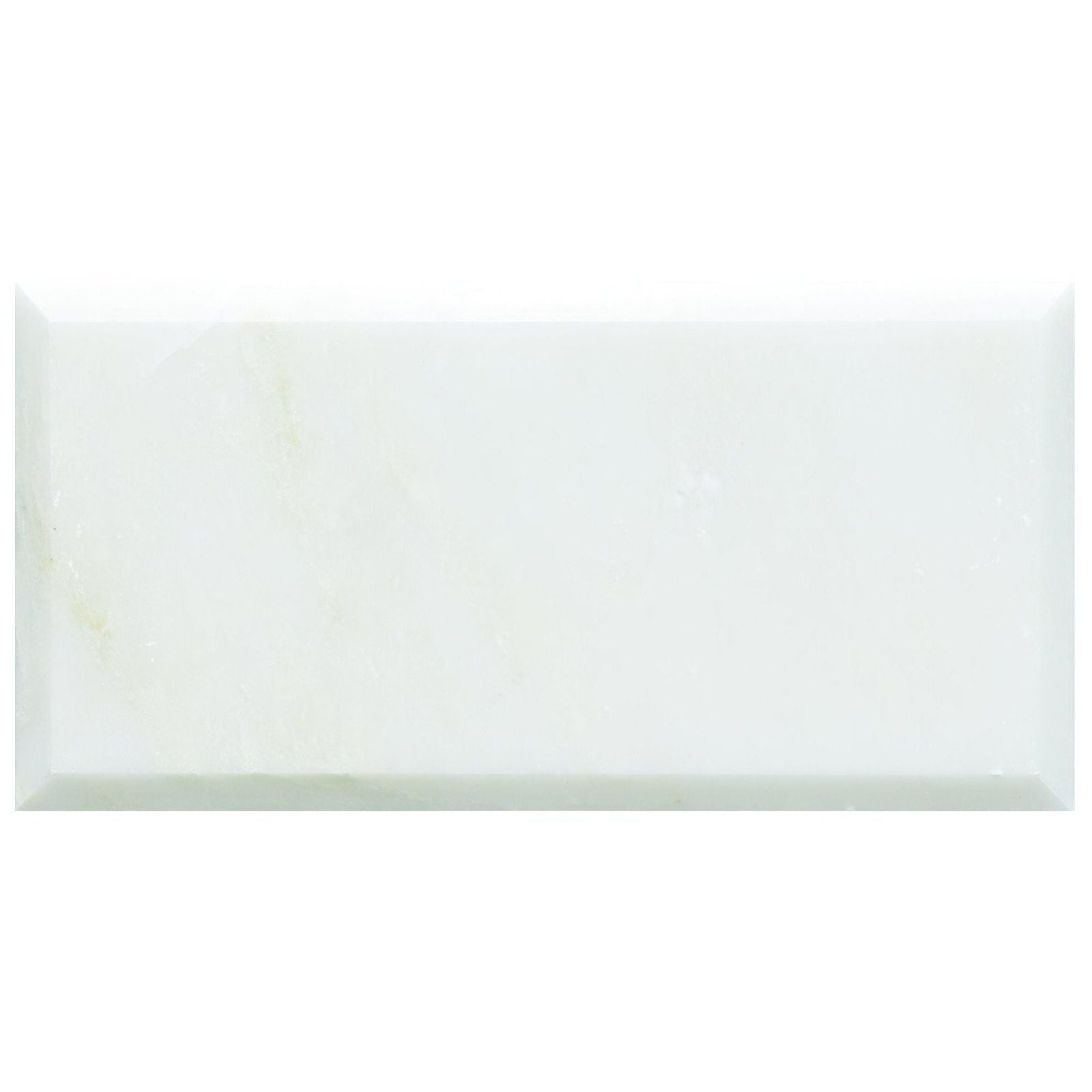 A sleek rectangular white ceramic tile with marble-like veining and beveled edges for elegant wall or floor use