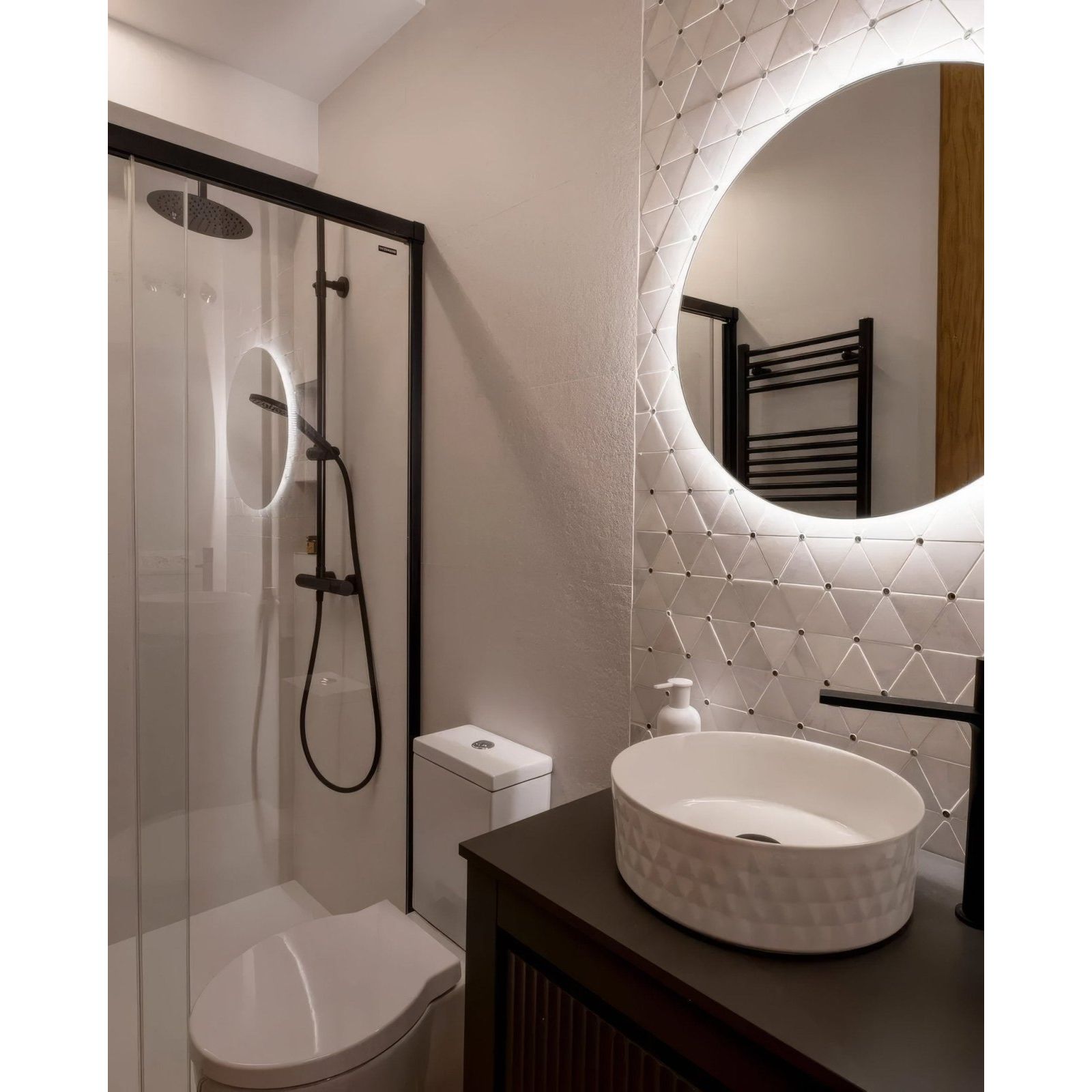 Victorian Diamond Marmara Mirror Mosaic diamond mirror mosaic with a white ceramic vessel sink