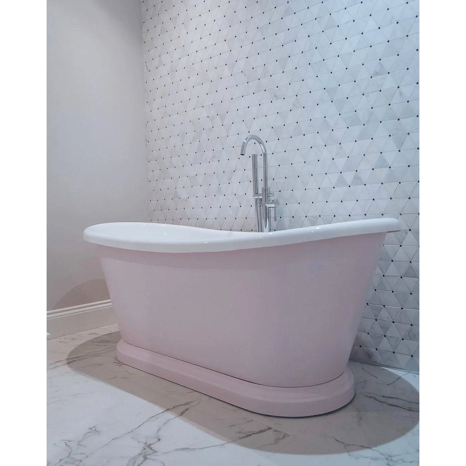 Victorian Diamond Marmara Mirror Mosaic diamond mirror mosaic with a pink freestanding bathtub