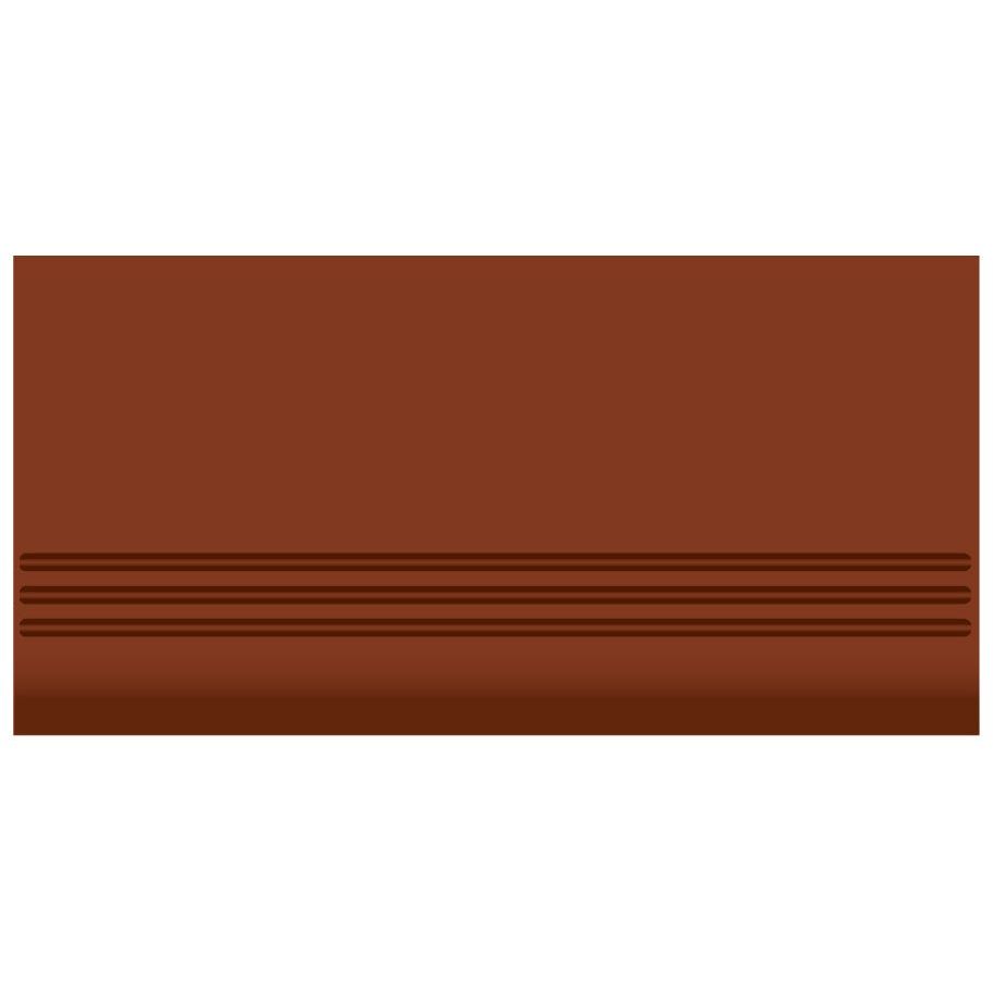 Brown rectangular victorian floor tile step tread with three parallel horizontal grooves near bottom edge 151 x 75mm