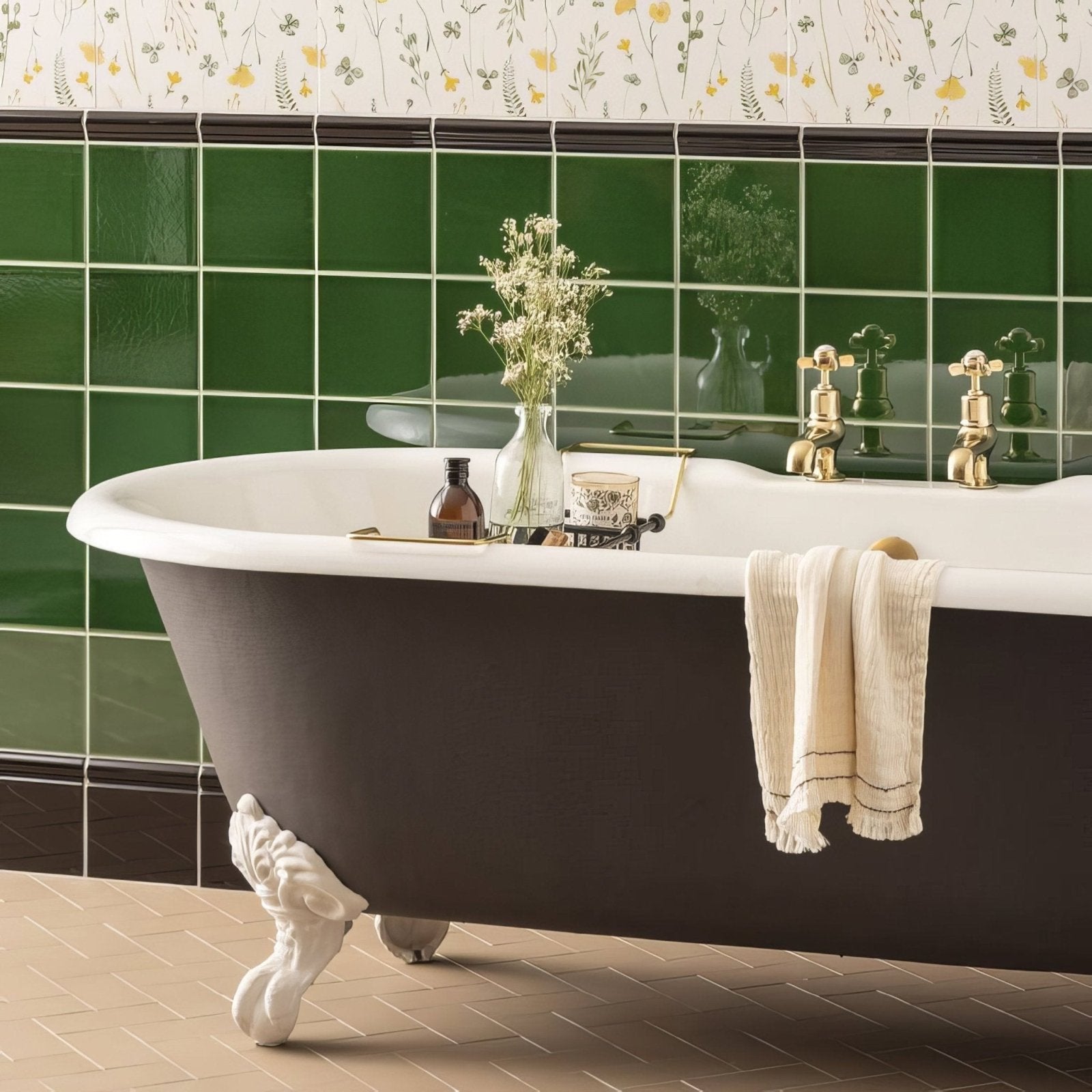 Black clawfoot bathtub with white porcelain trim and gold toned faucets against victorian green field tile wall
