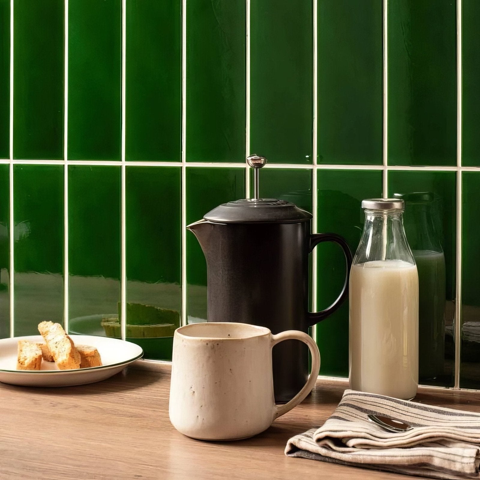 Black french press coffee maker with silver-plated lid knob featured in victorian green large brick design