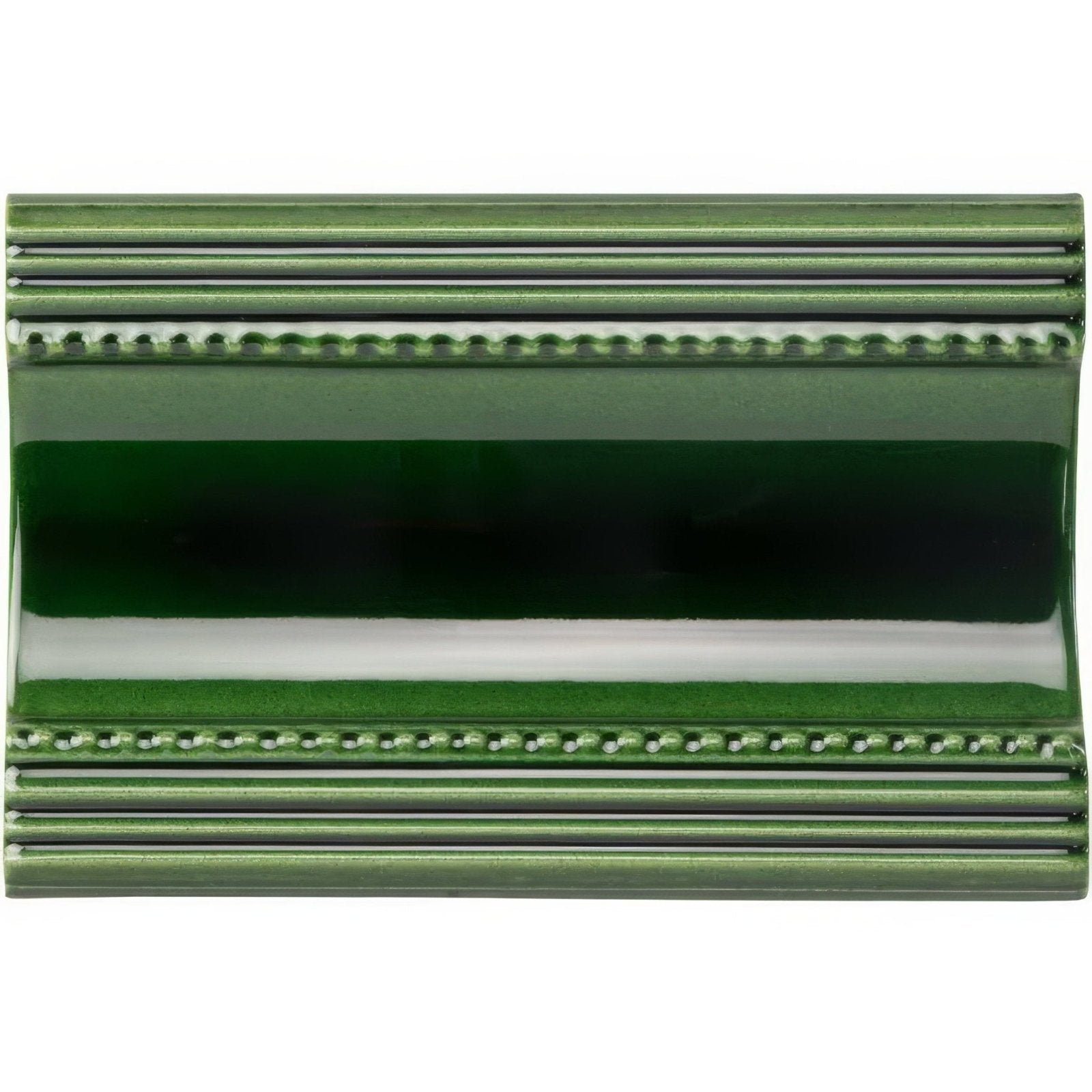 Victorian green plain cornice glossy emerald green ceramic tile with central white stripe and decorative beaded borders