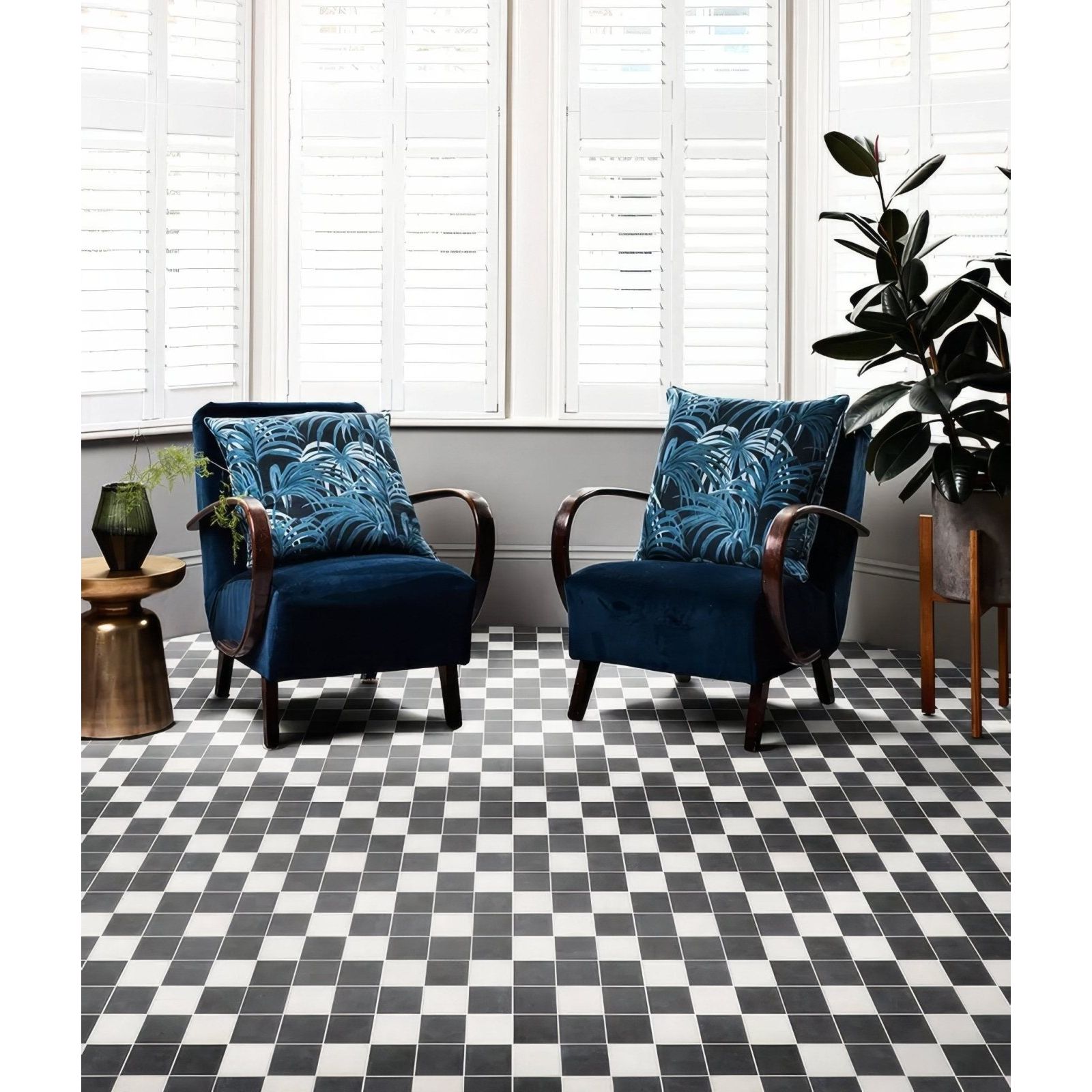 Victorian Style Porcelain Chess Mono B black and white checkerboard tiles with blue velvet armchairs