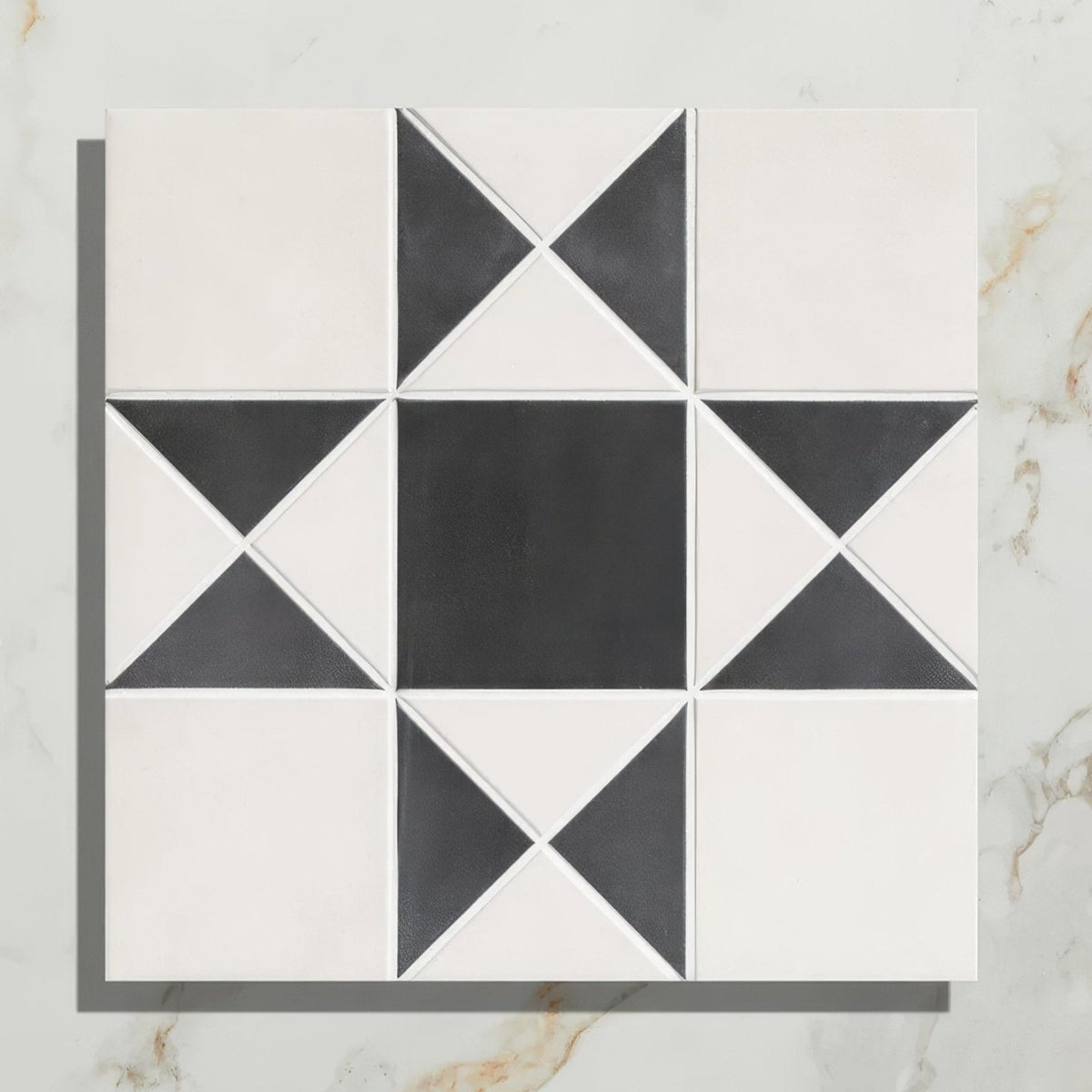 Victorian style porcelain cotton white black and white geometric mosaic tile with starburst pattern