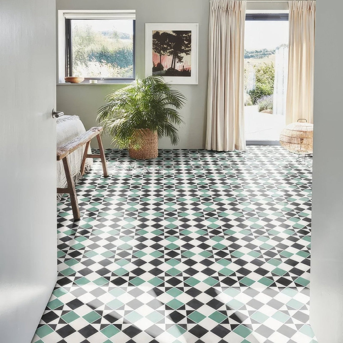 Victorian style porcelain finchley pattern floor tiles with geometric black white and mint green design