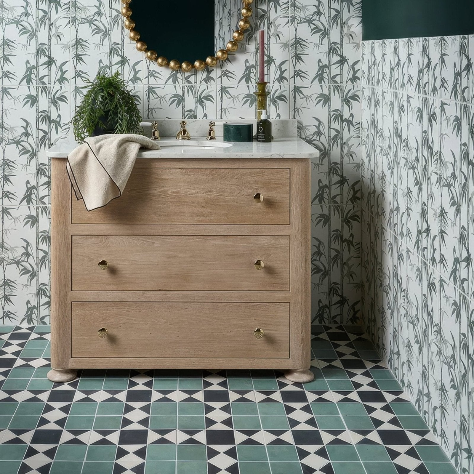 Victorian Style Porcelain Finchley Pattern Forest Green green geometric tiles with a light oak vanity