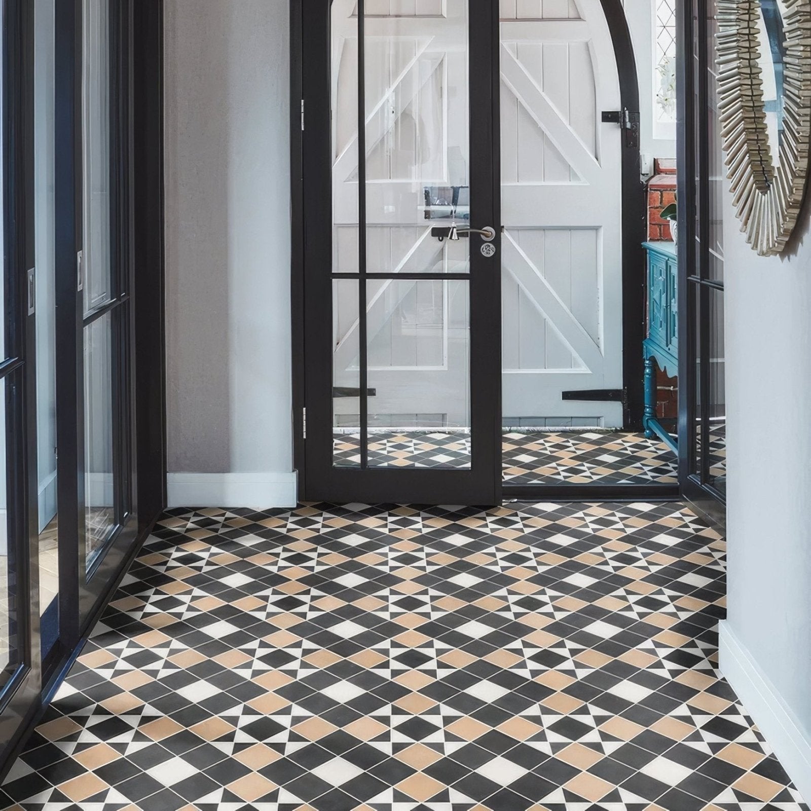 Victorian style porcelain finchley pattern sandstone floor tiles with classic black white and beige diamond geometric design