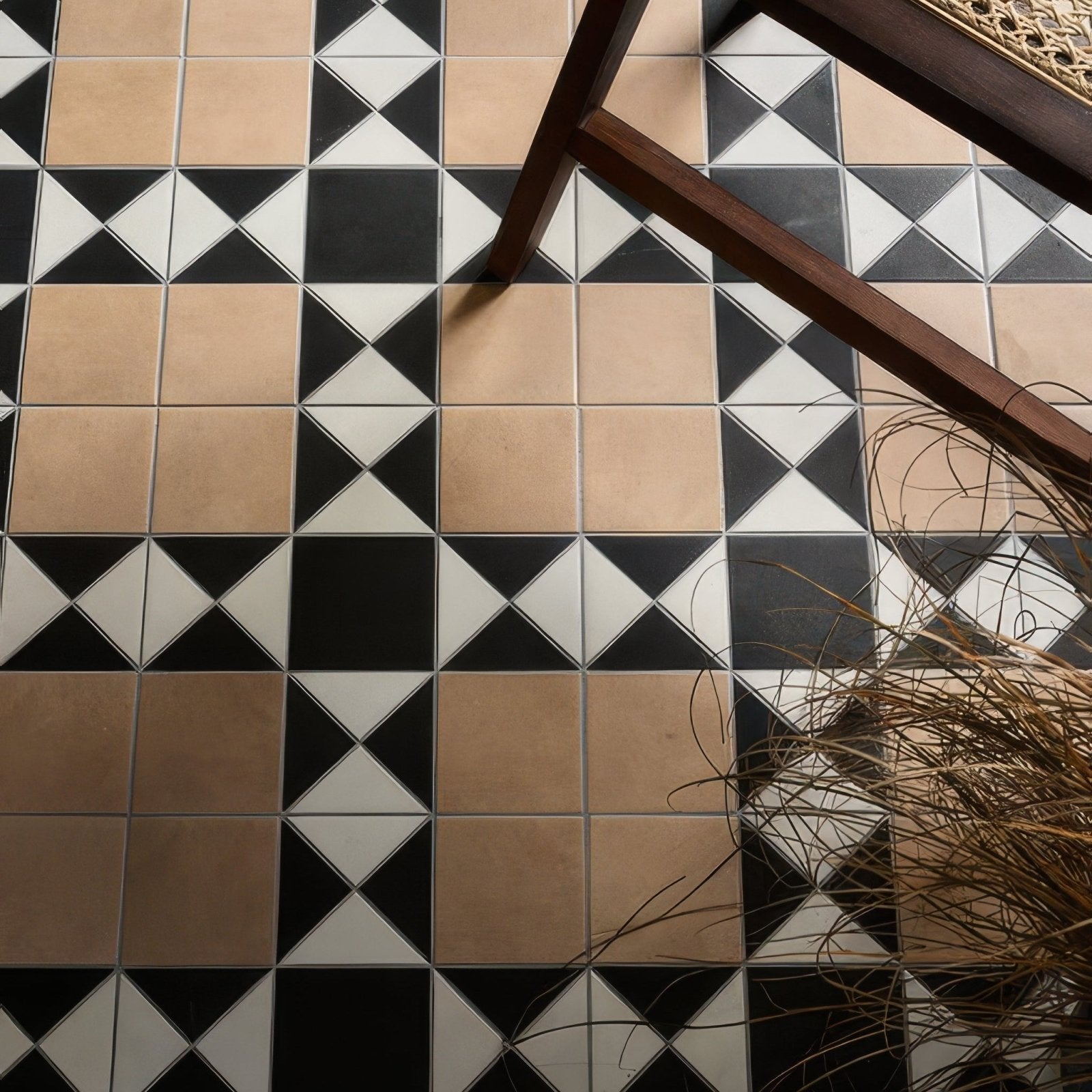 Victorian style porcelain finchley pattern sandstone floor tiles with geometric black white and terracotta diamond design