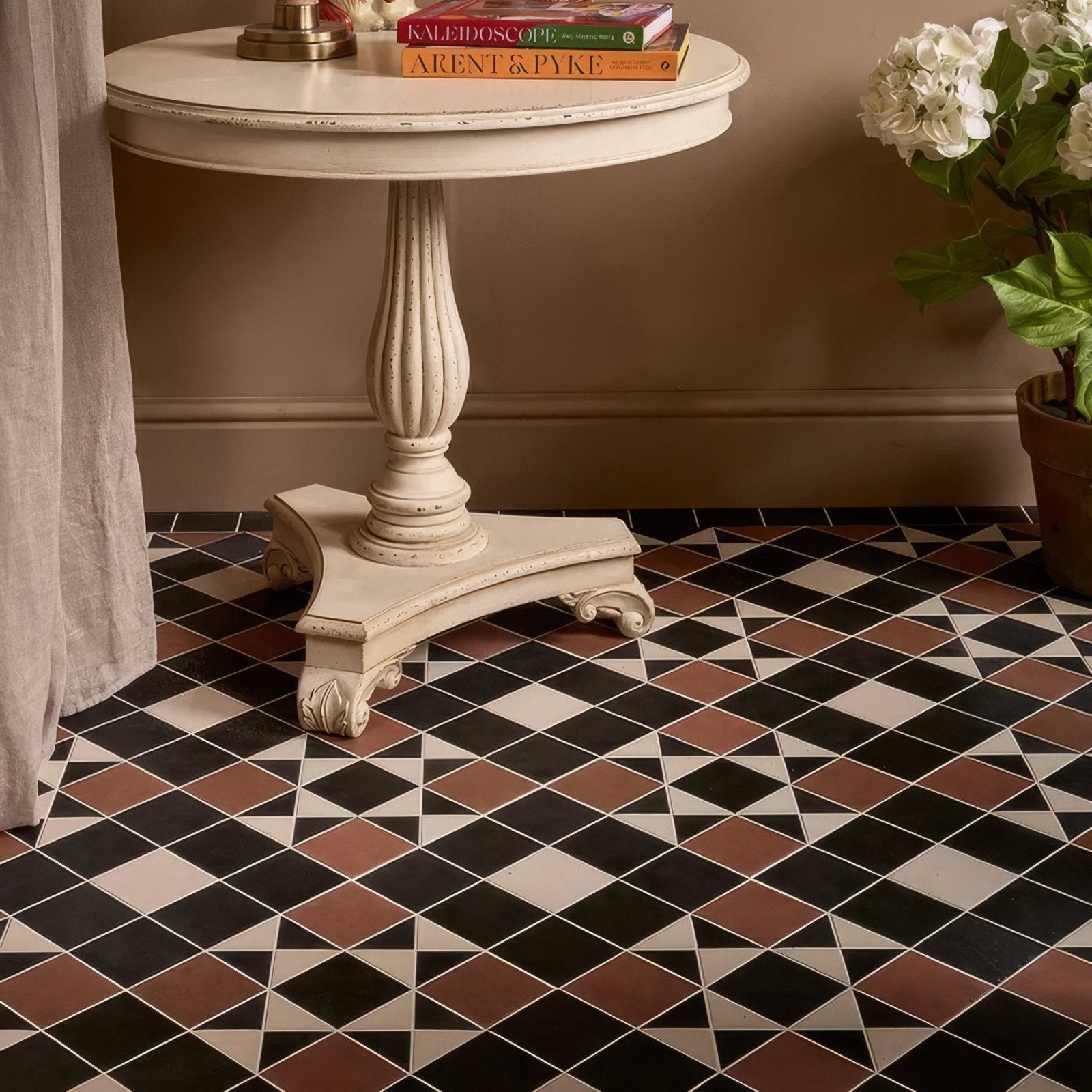 Victorian Style Porcelain Finchley Pattern Terracotta terracotta geometric tiles with an antique white pedestal table