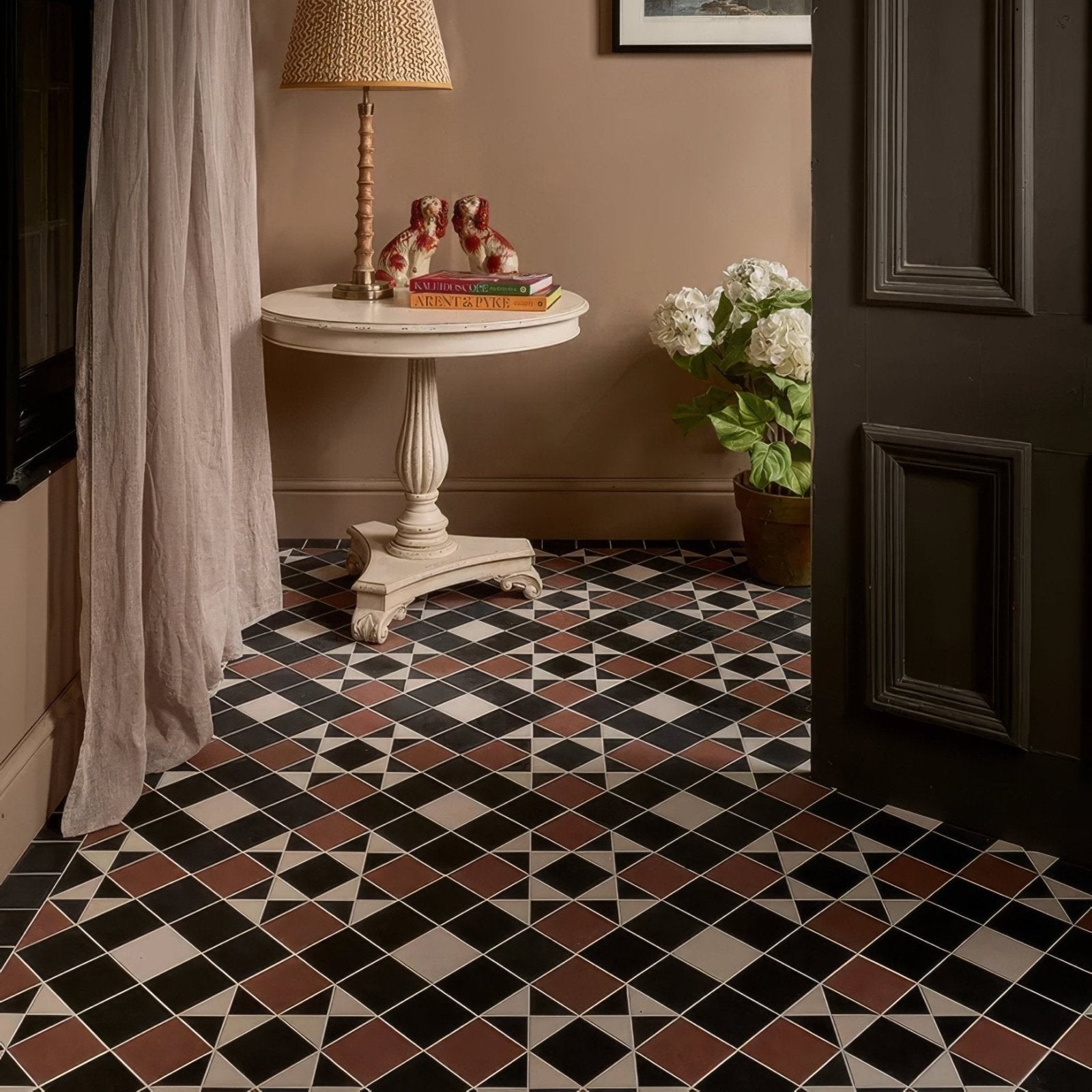 Victorian style porcelain floor tiles with black white and terracotta diamond pattern Finchley pattern design