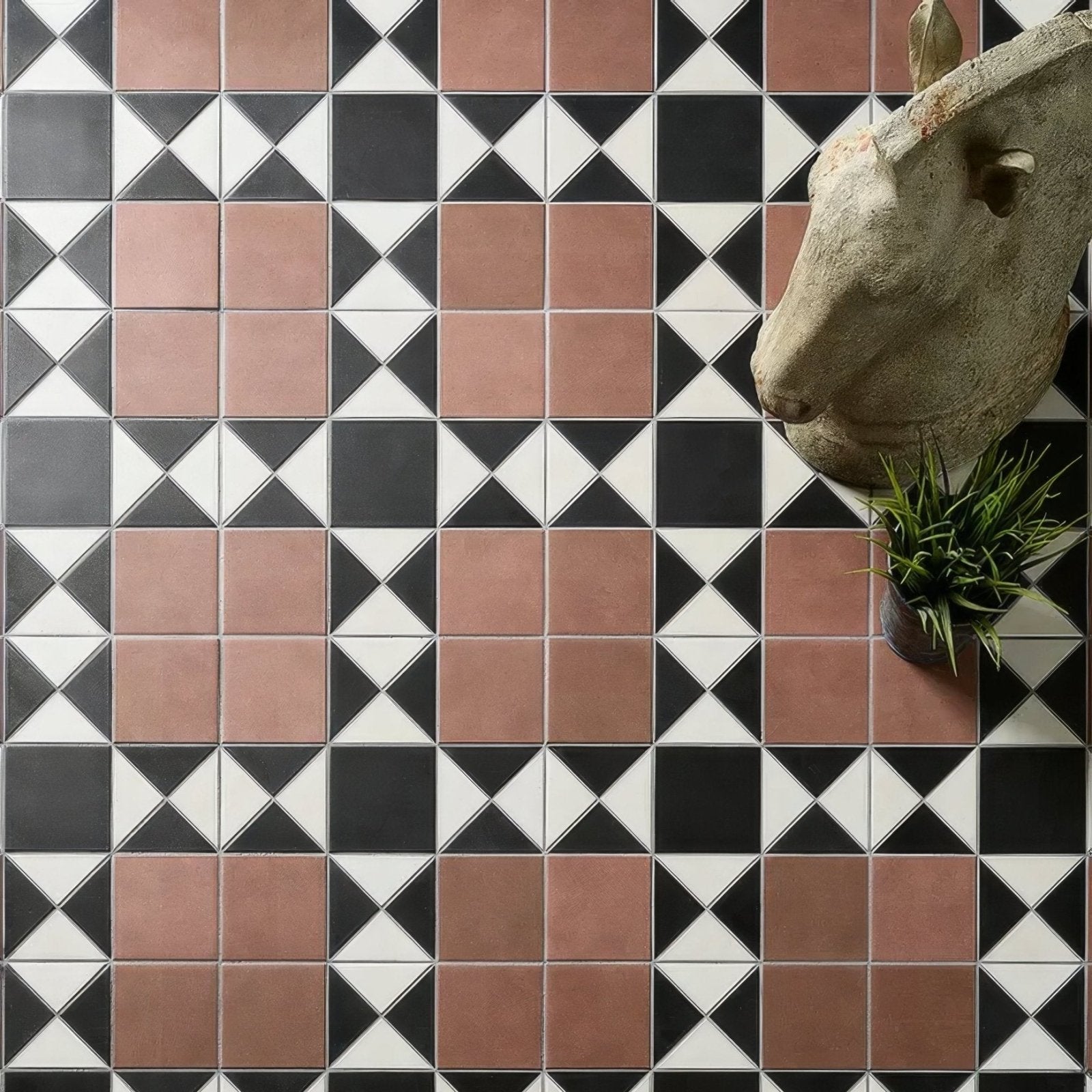 Victorian style porcelain finchley pattern terracotta floor tiles with black and white geometric design