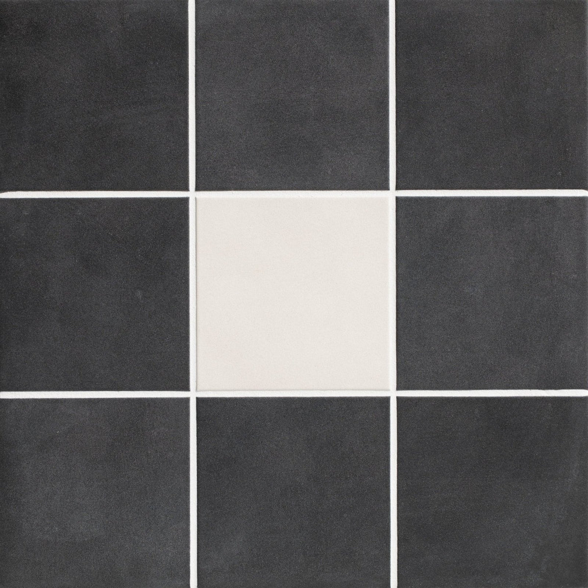 Victorian style porcelain frame with black and white matte finish square tiles arranged in a grid pattern