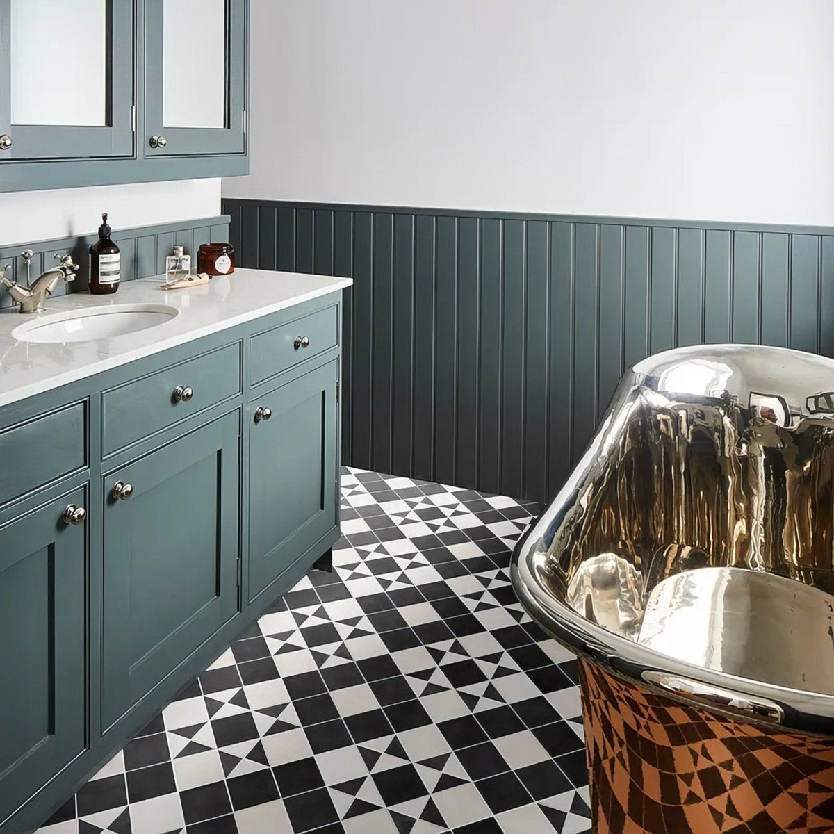 Victorian Style Porcelain Frame geometric frame border tiles with a chrome bathtub